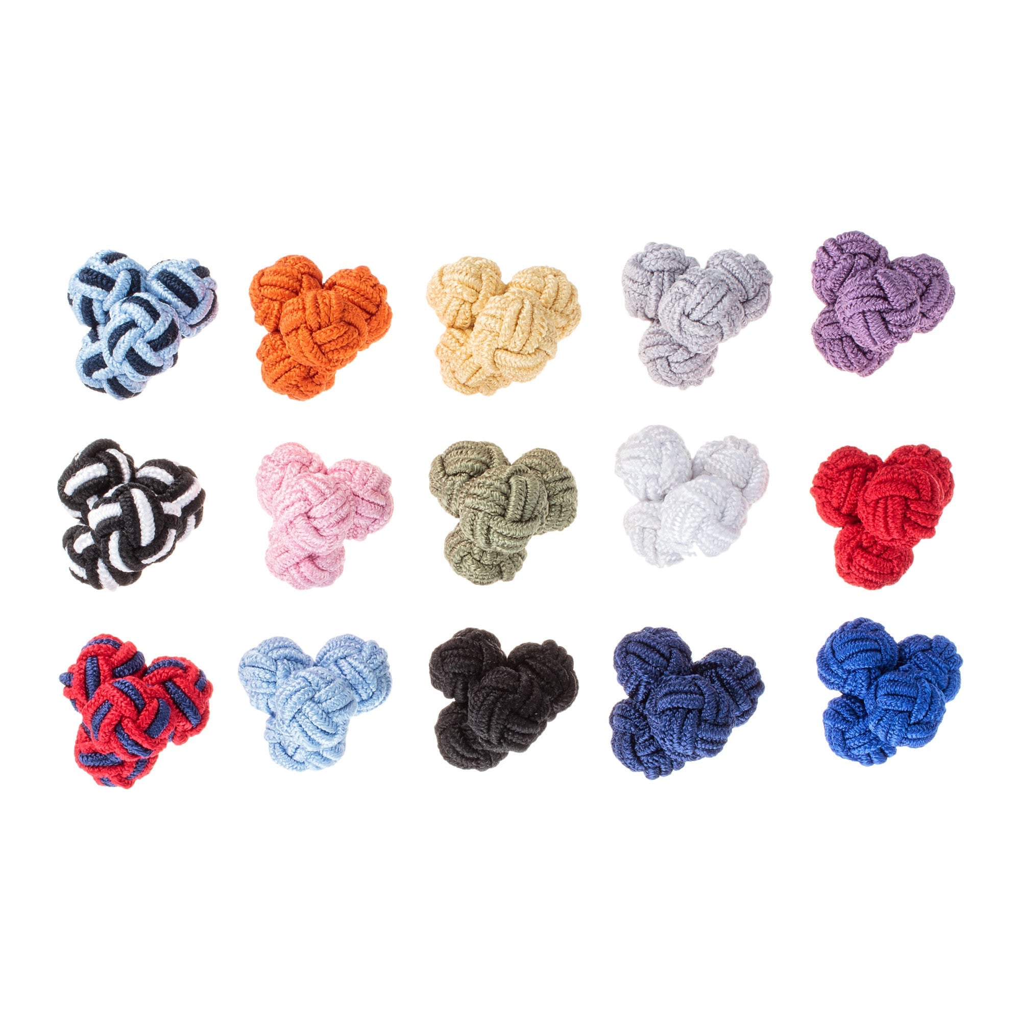 Assorted Knot Cufflinks - Jan Leslie Cufflinks and Accessories. From top to bottom and left to right: Dark blue and light blue knot, bright orange knot, yellow knot, grey knot, purple knot. Black and white knot, pink knot, light green knot, white knot, red knot. Red and blue knot, light blue knot, black knot, navy knot, azure blue knot.