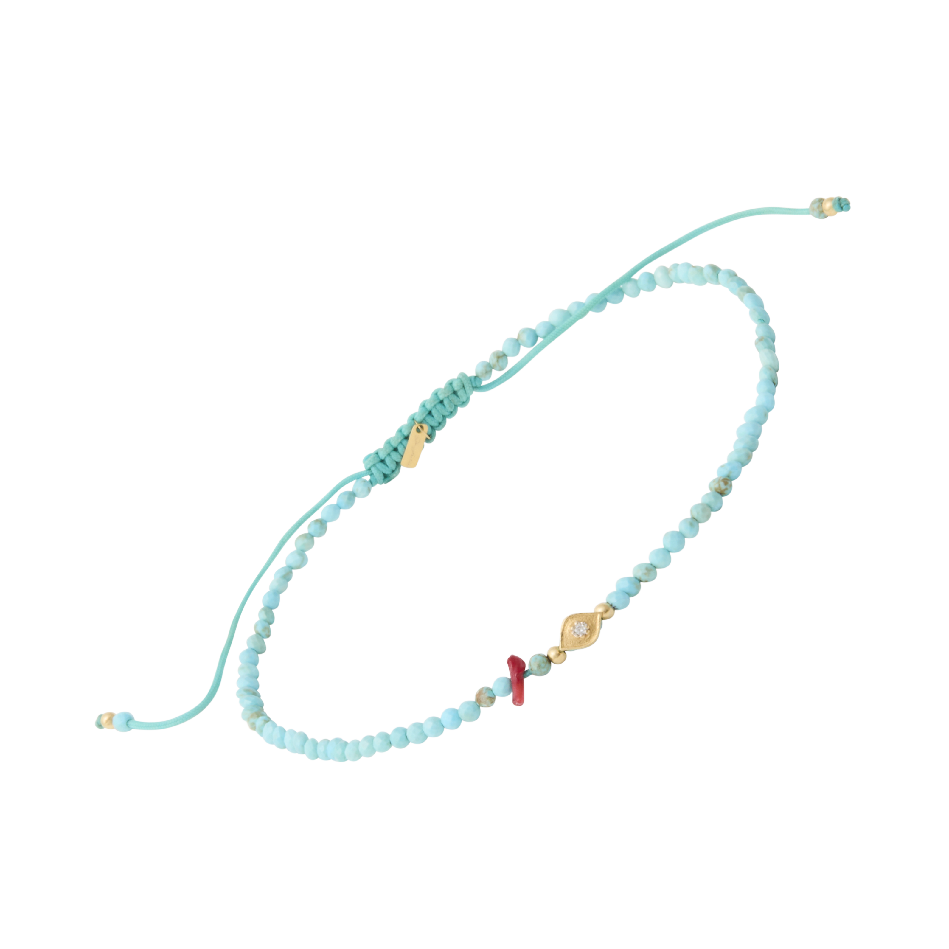 Handcrafted adjustable turquoise beaded bracelet featuring a gold evil eye charm, red coral accent, and macramé sliding knot closure — perfect for stacking or wearing solo."