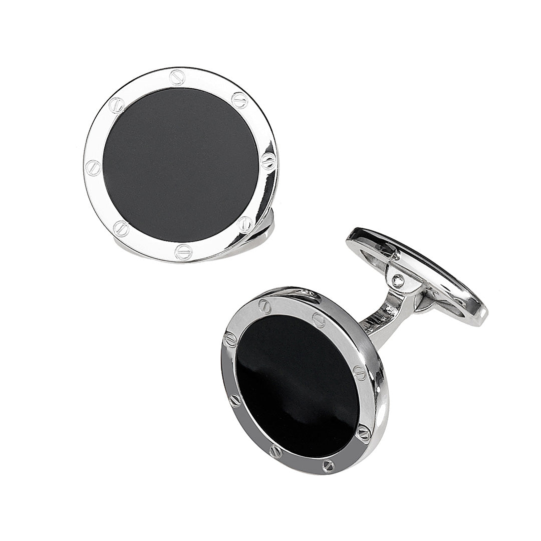 Gemstone Rivet Etch Detail Sterling Silver Cufflinks with black onyx inlay | Jan Leslie Cufflinks and Accessories.