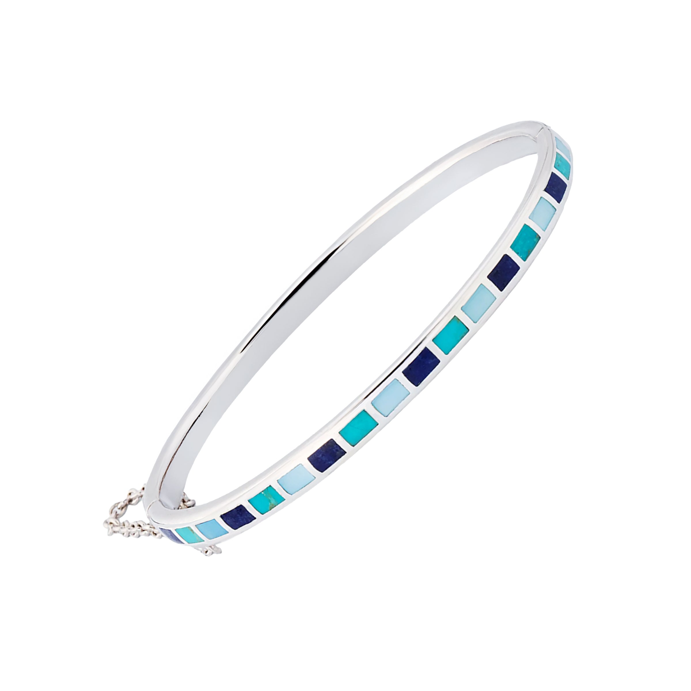 Sterling Silver Multi-Blue Enamel Mosaic Bangle Bracelet with Safety Chain | Jan Leslie.