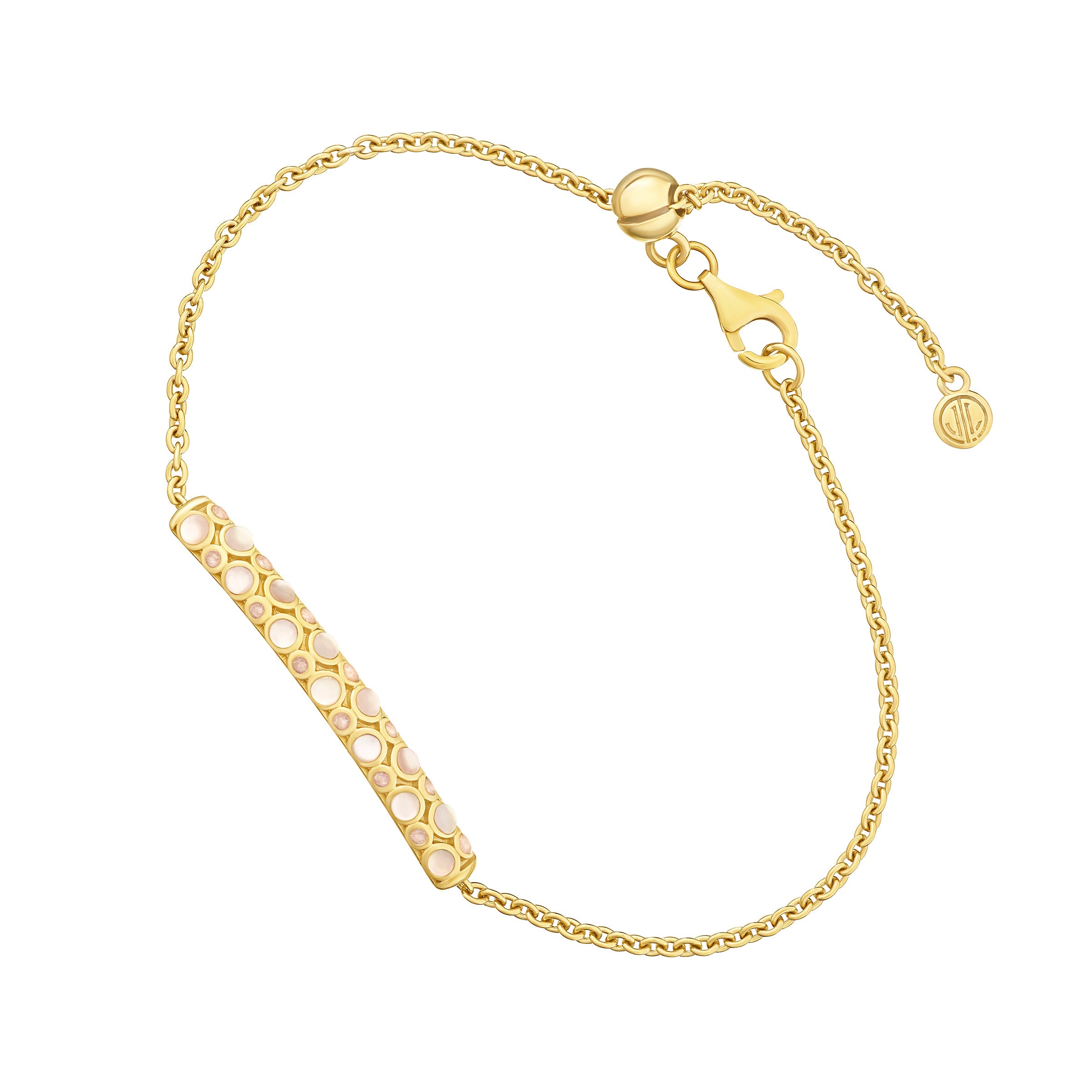 Gold vermeil white mother-of-pearl bubble bar bracelet full silhouette showing adjustable rolo chain lobster clasp and Jan Leslie charm drop by Jan Leslie