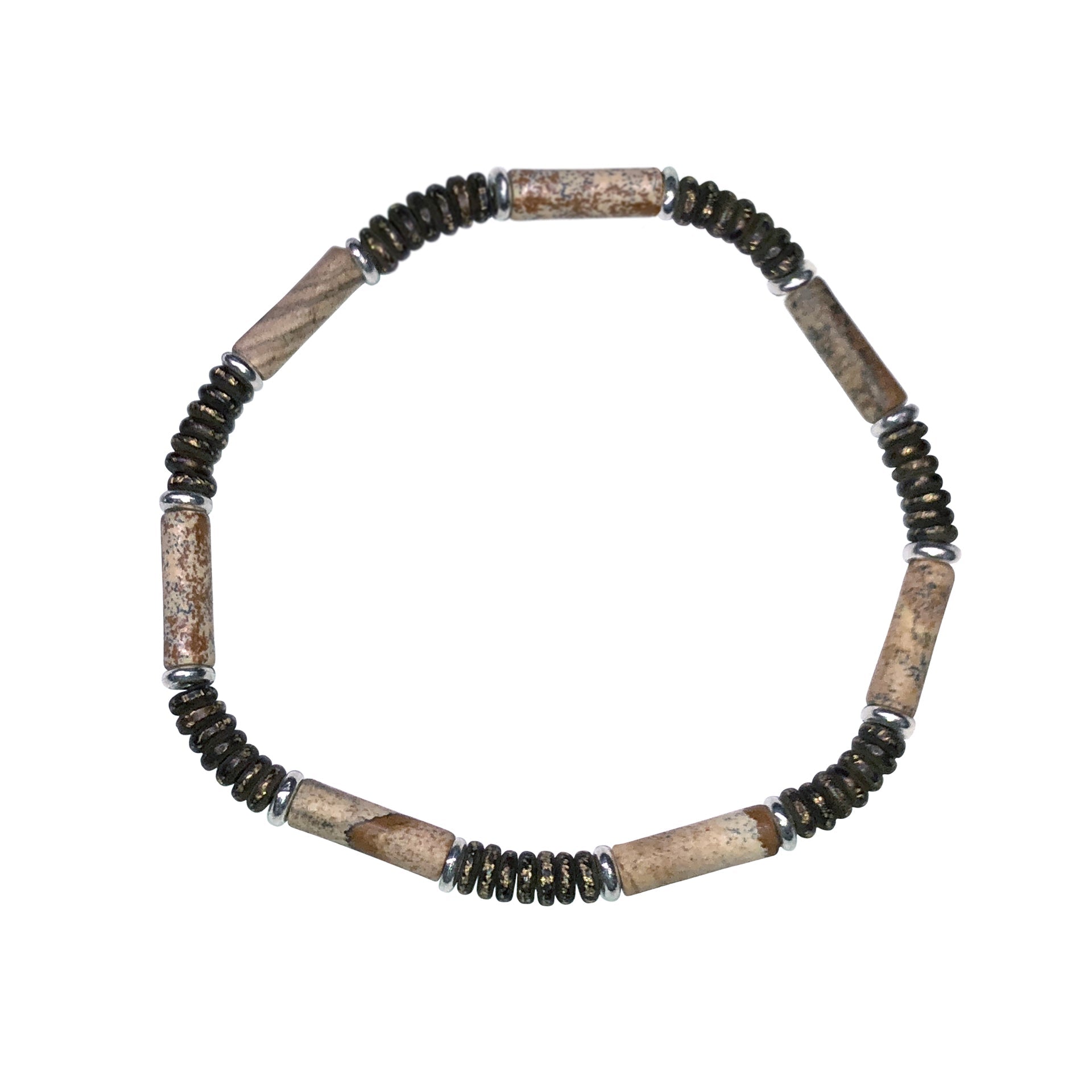 Men's stretch bracelet with tan picture jasper tube beads, dark hematite disc heishi beads, and silver accent rings.