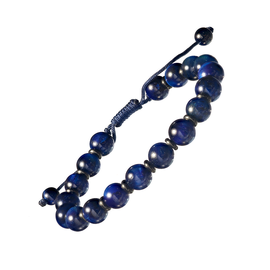 Front view of Blue Tiger Eye Handmade Beaded Bracelet with Metal Accent on a Wax Cord I Jan Leslie Cufflinks and Accessories.
