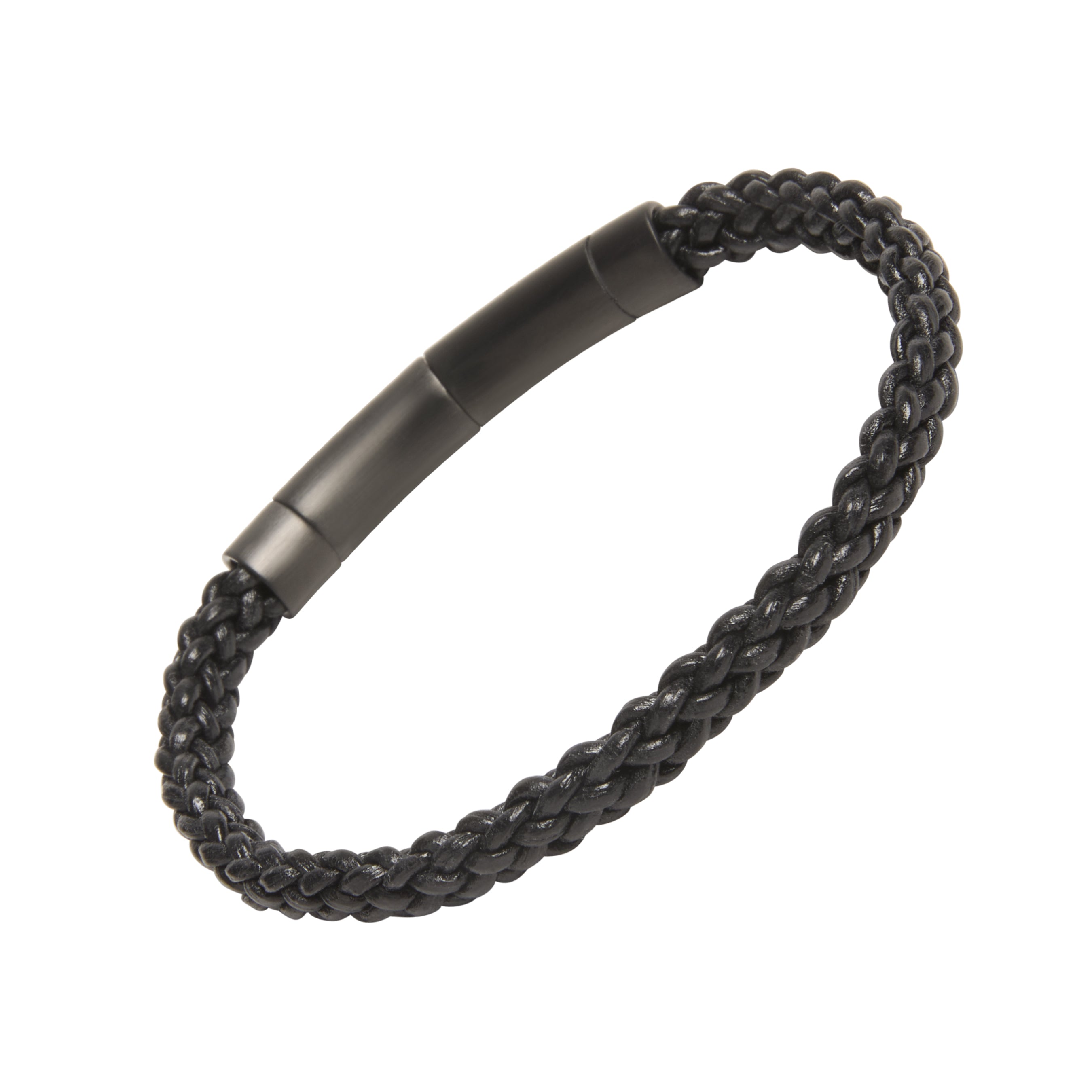Double-strand black braided leather bracelet with gunmetal magnetic bar clasp closure, luxury men's leather jewelry.