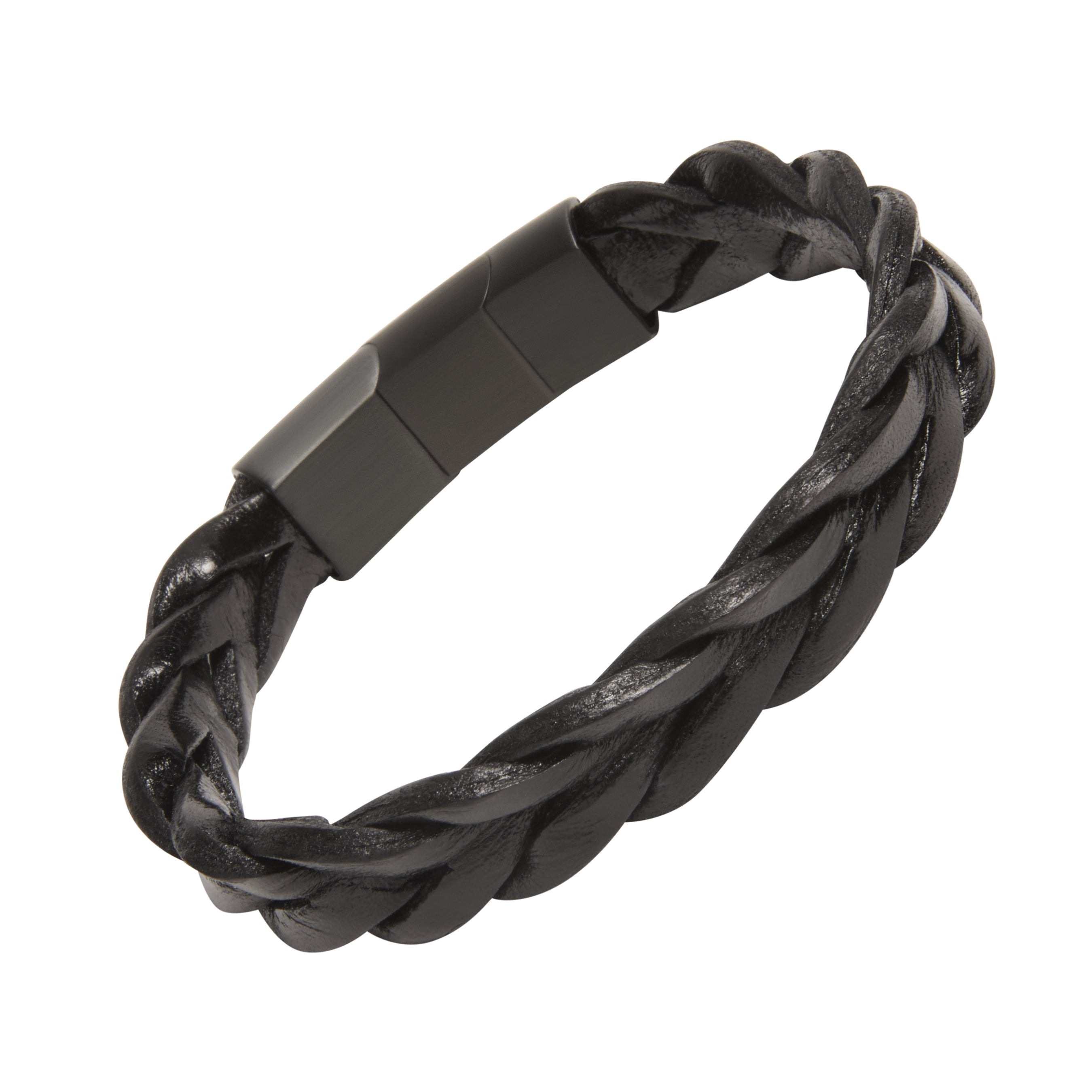 Chunky twisted black leather bracelet with a matte black stainless steel magnetic clasp.