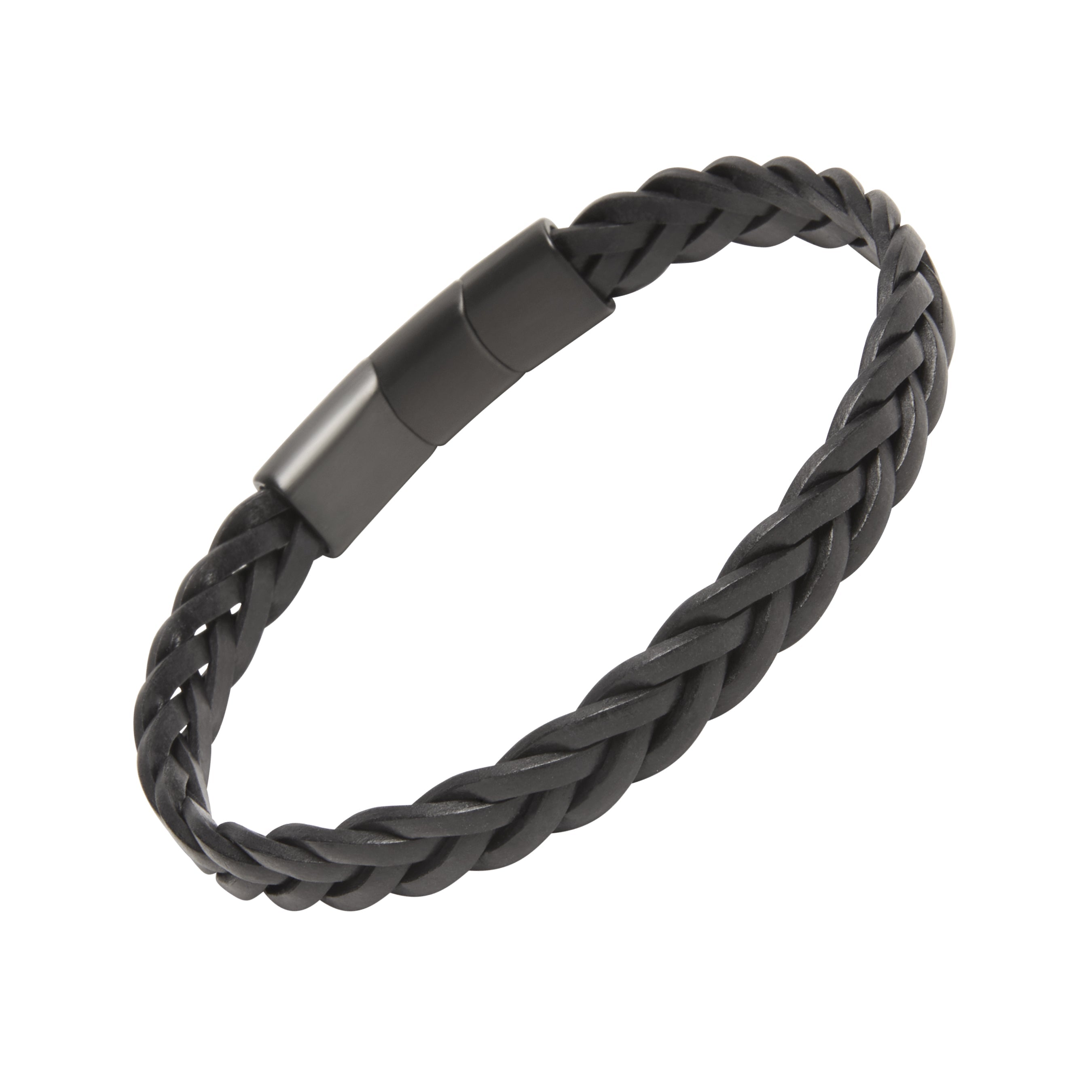 Wide black braided leather cuff bracelet with chunky herringbone weave pattern and matte gunmetal rectangular magnetic clasp.