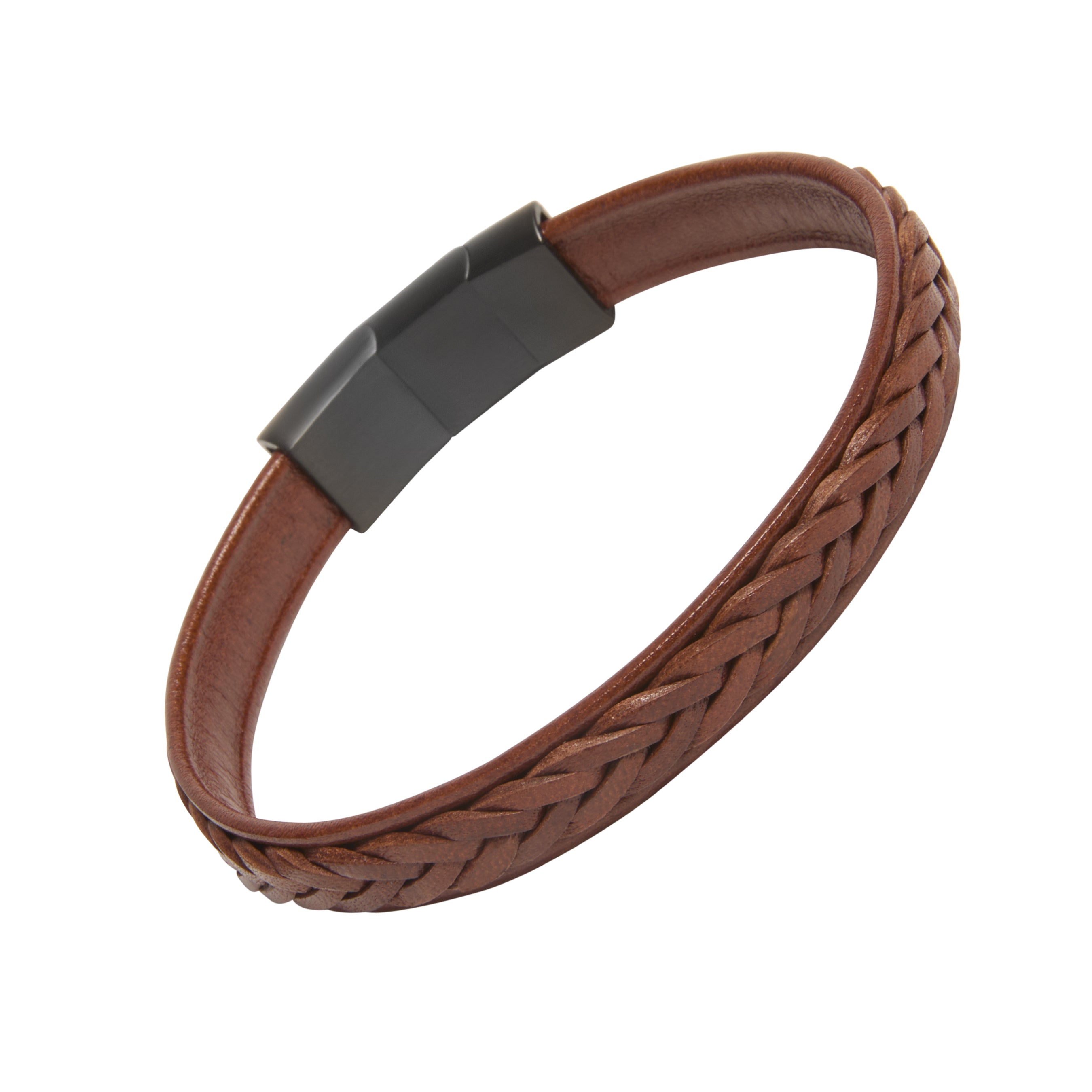 Wide brown leather flat cuff bracelet with center braided panel and gunmetal magnetic bar clasp closure.
