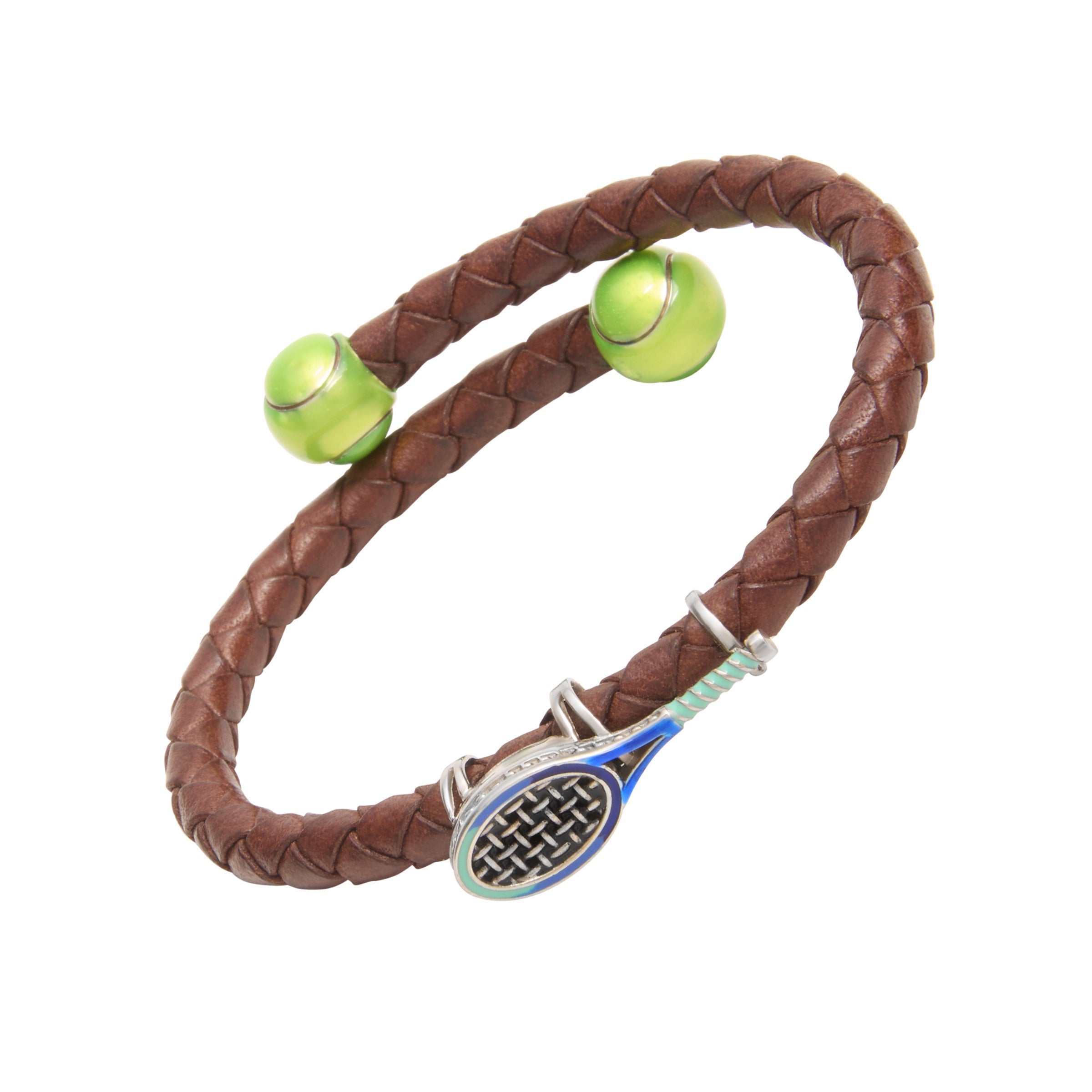 Brown braided leather cuff bracelet with enamel tennis racket charm and green tennis ball end caps.