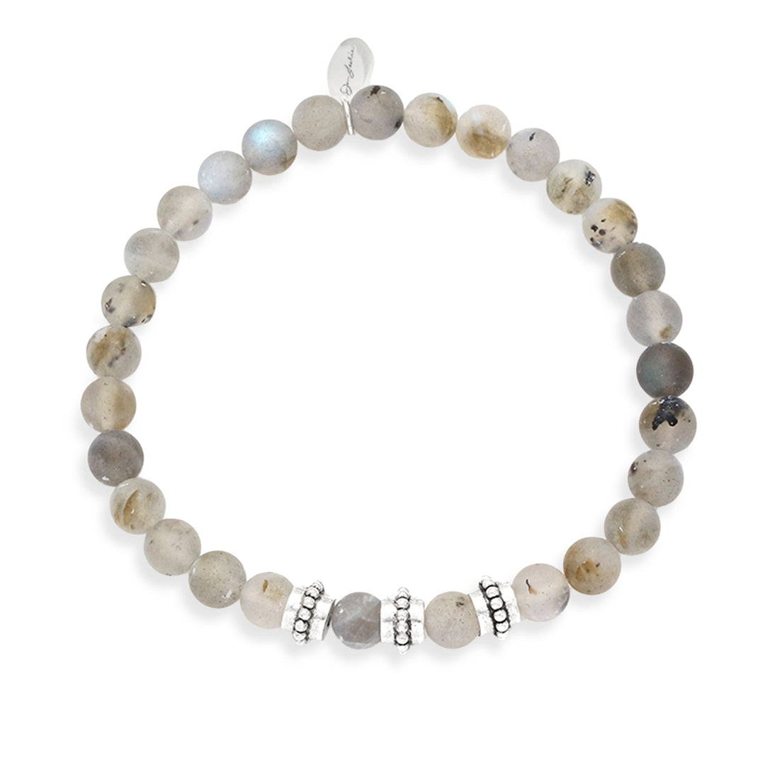 Men's matte grey labradorite stretch bracelet with sterling silver engraved rondelle spacers