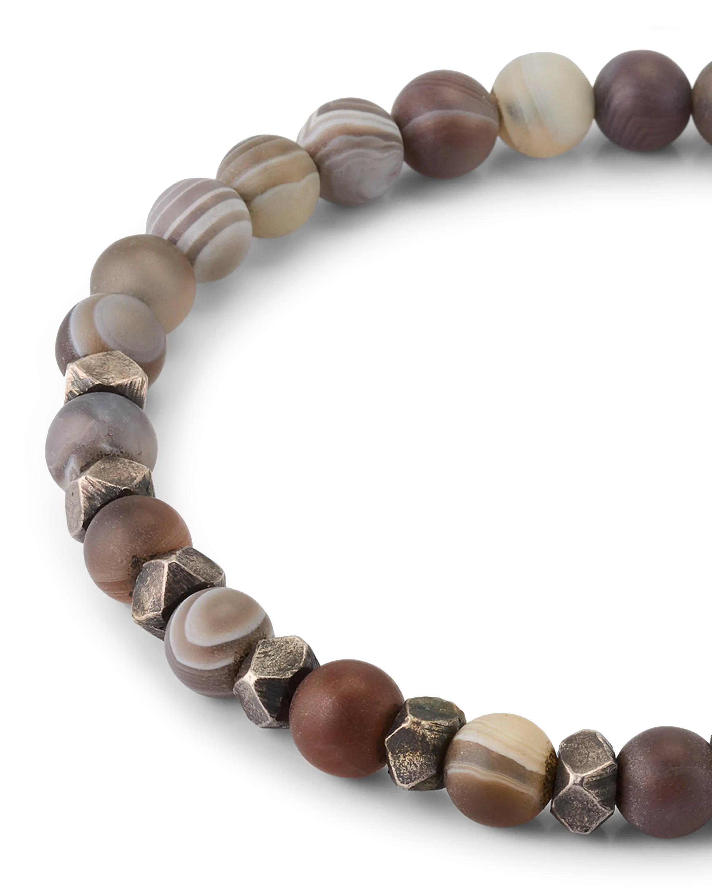 Close-up of matte banded agate stretch bracelet with antique brass faceted nugget spacers, Jan Leslie