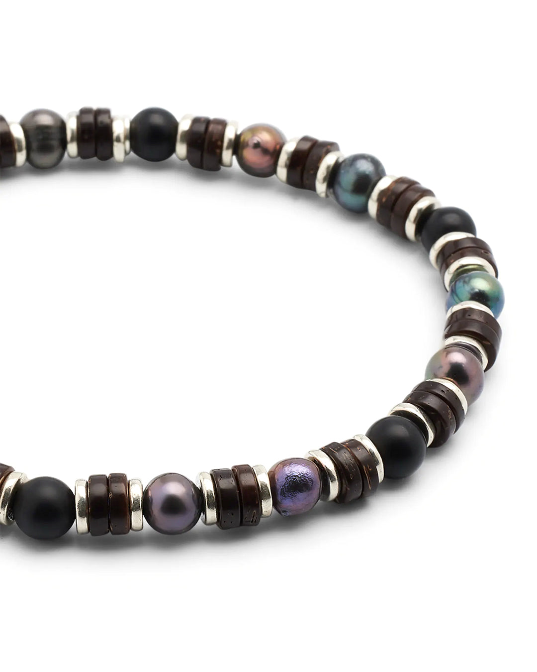 Close up of the black agate, grey freshwater pearl beads and sterling silver, wood spacers.