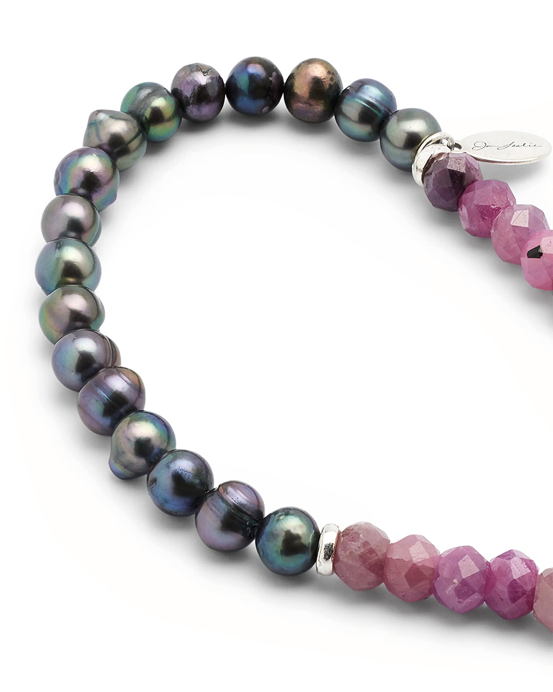 Close up of freshwater pearls and sterling silver spacers on Jan Leslie's Men's Red Ruby and Freshwater Pearls Split Beaded Bracelet.