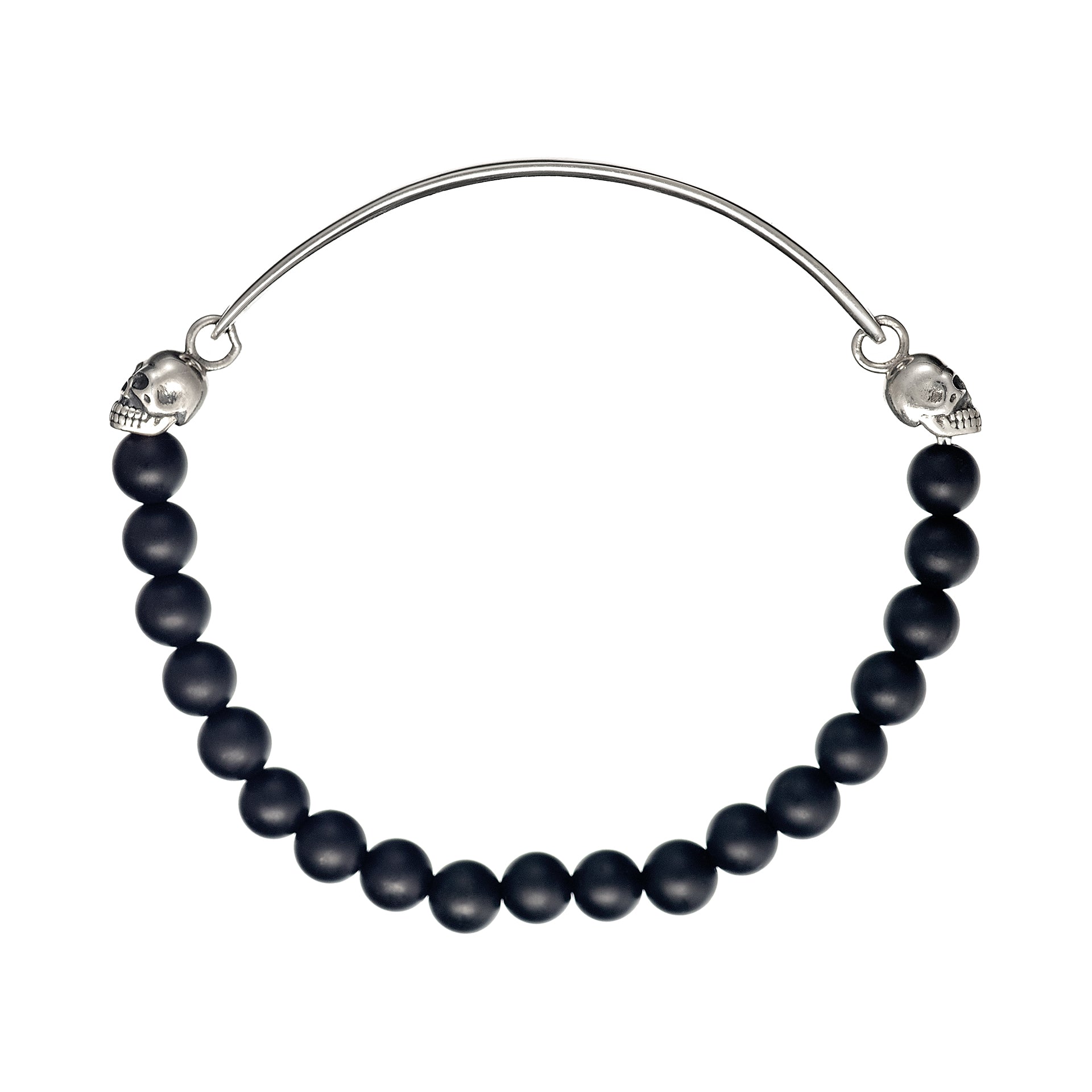 Men's matte black onyx bead bracelet with sterling silver ID bar and sculpted skull connectors