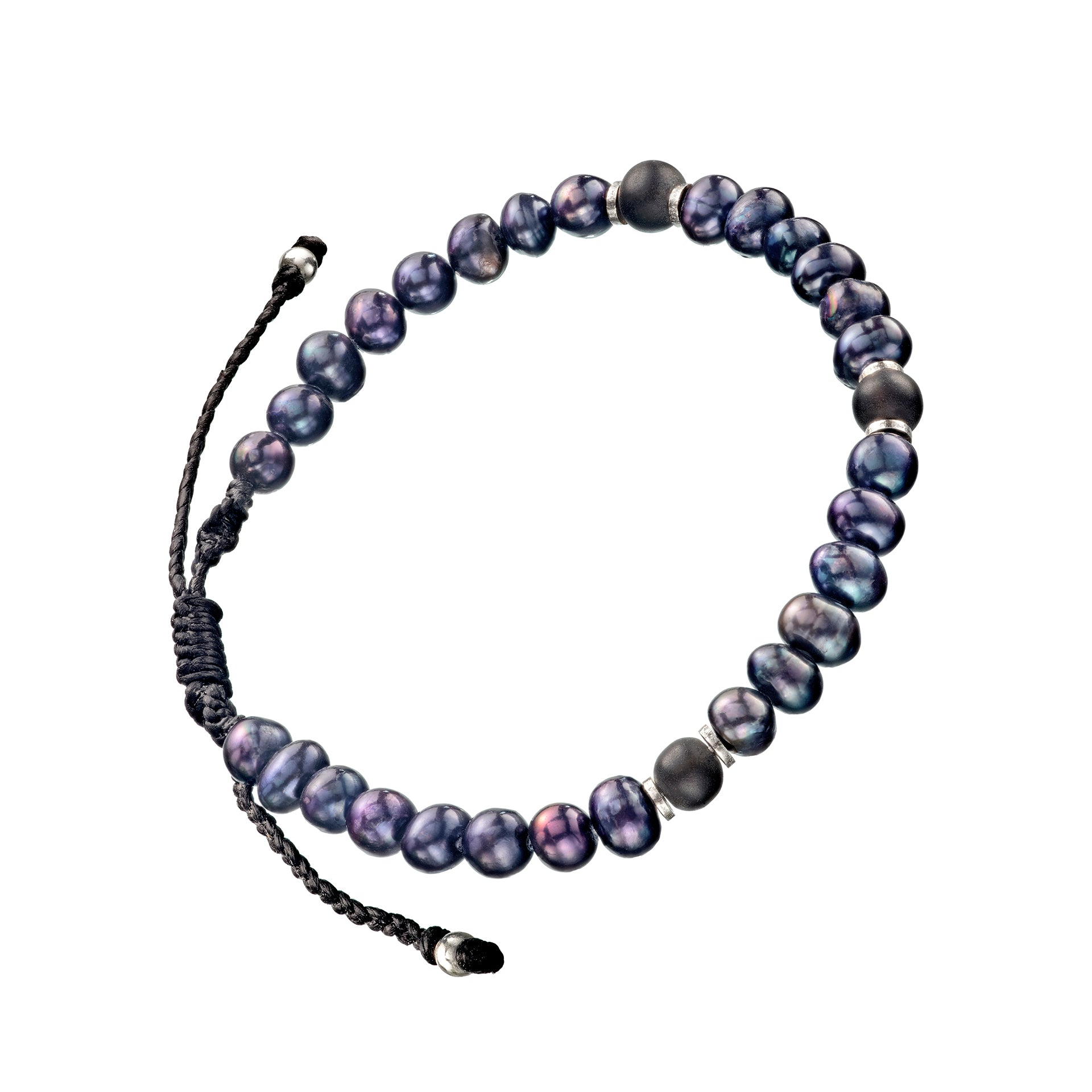 Men's dark freshwater pearl bracelet with matte grey agate accents and sterling silver rondelles on adjustable braided cord. Jan Leslie.