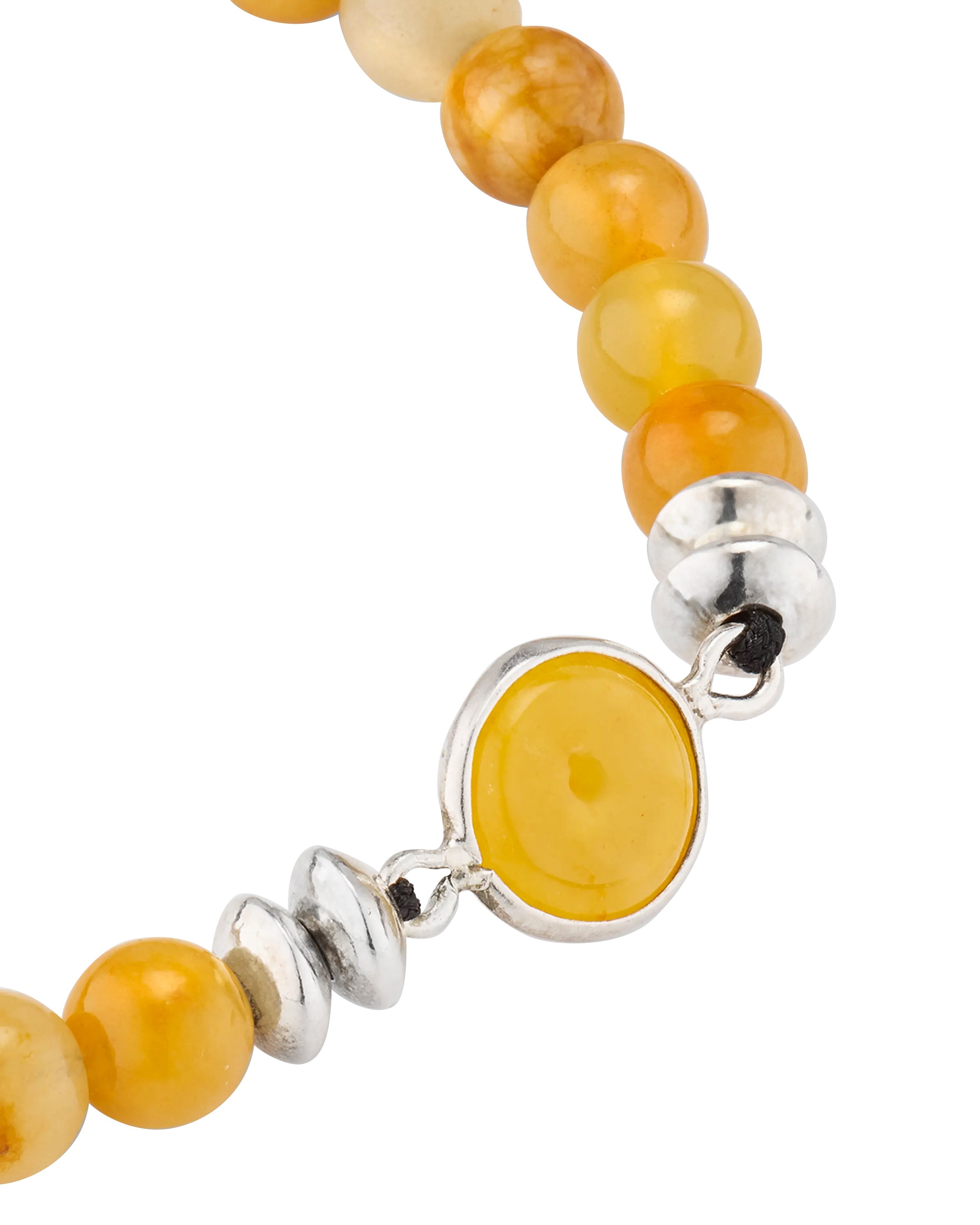 Close-up of sterling silver oval bezel centerpiece with polished rondelle spacers on yellow agate bead bracelet, Jan Leslie
