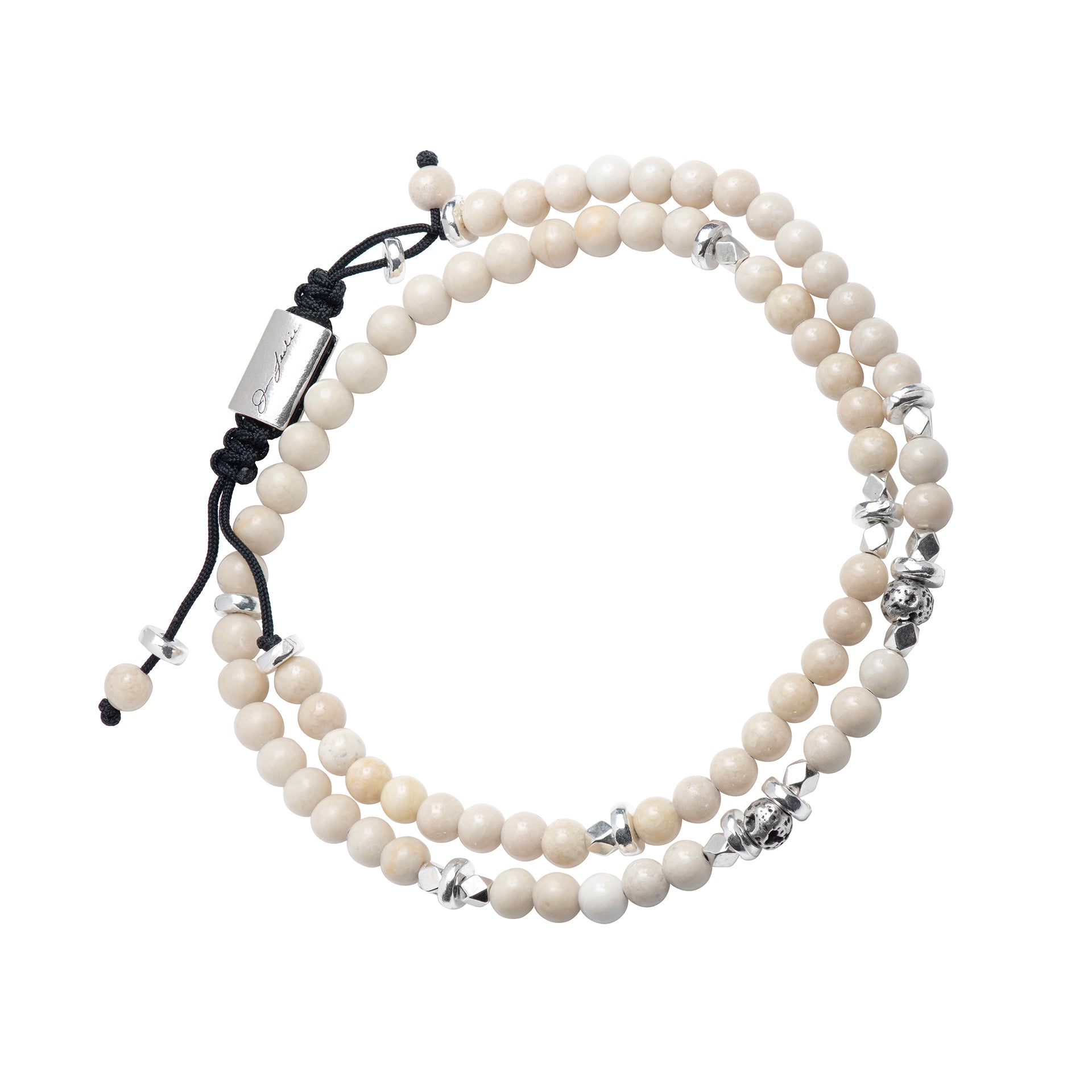 Men's natural riverstone double-wrap bracelet with sterling silver spacers, lava stone accent, and Jan Leslie