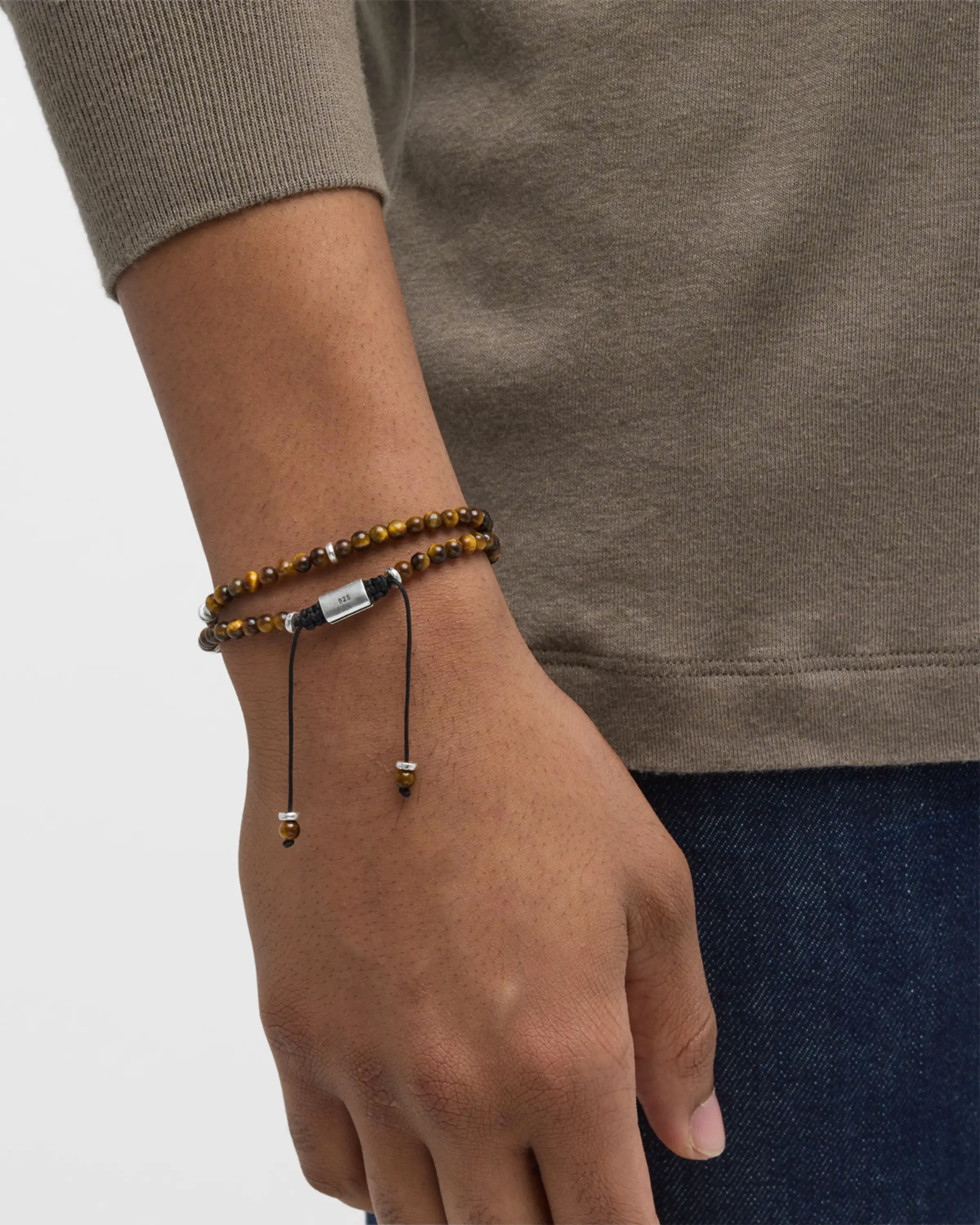 Men's tiger's eye double-wrap adjustable bracelet with sterling silver hex beads Jan Leslie