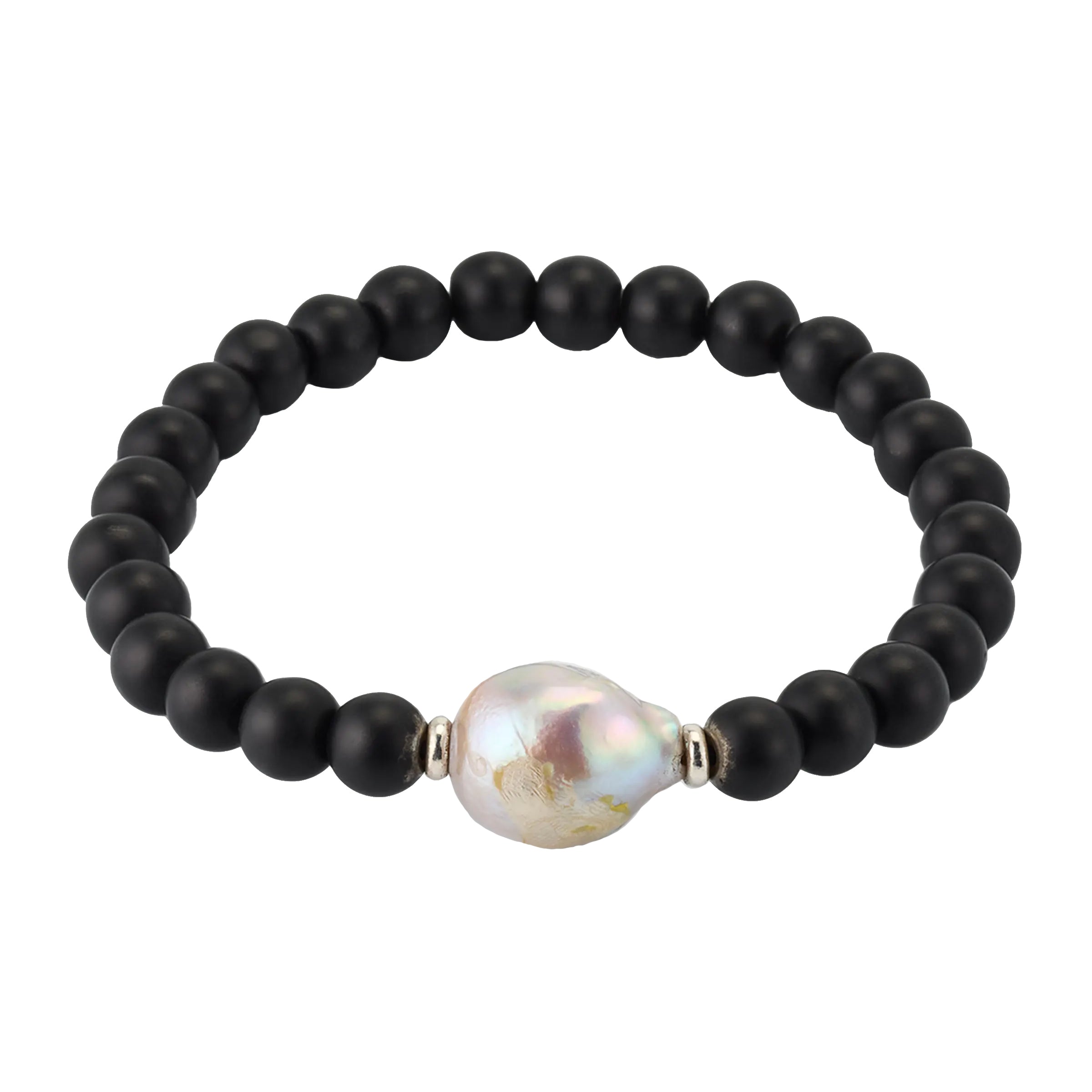 Men's black onyx stretch bracelet with baroque freshwater pearl centerpiece and sterling silver rondelle spacers.Jan Leslie.