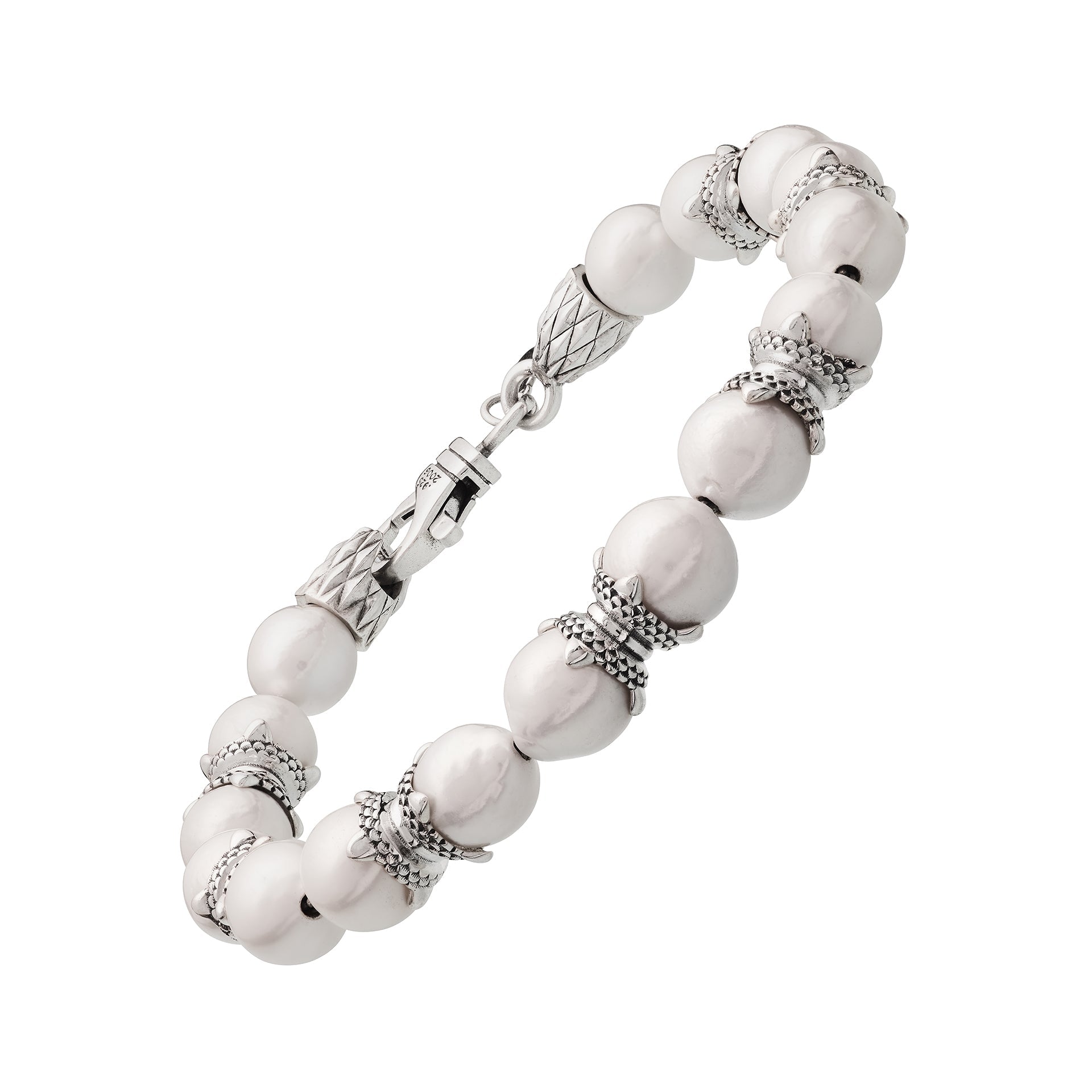 Freshwater pearl and oxidized sterling silver Bali rondelle bracelet.