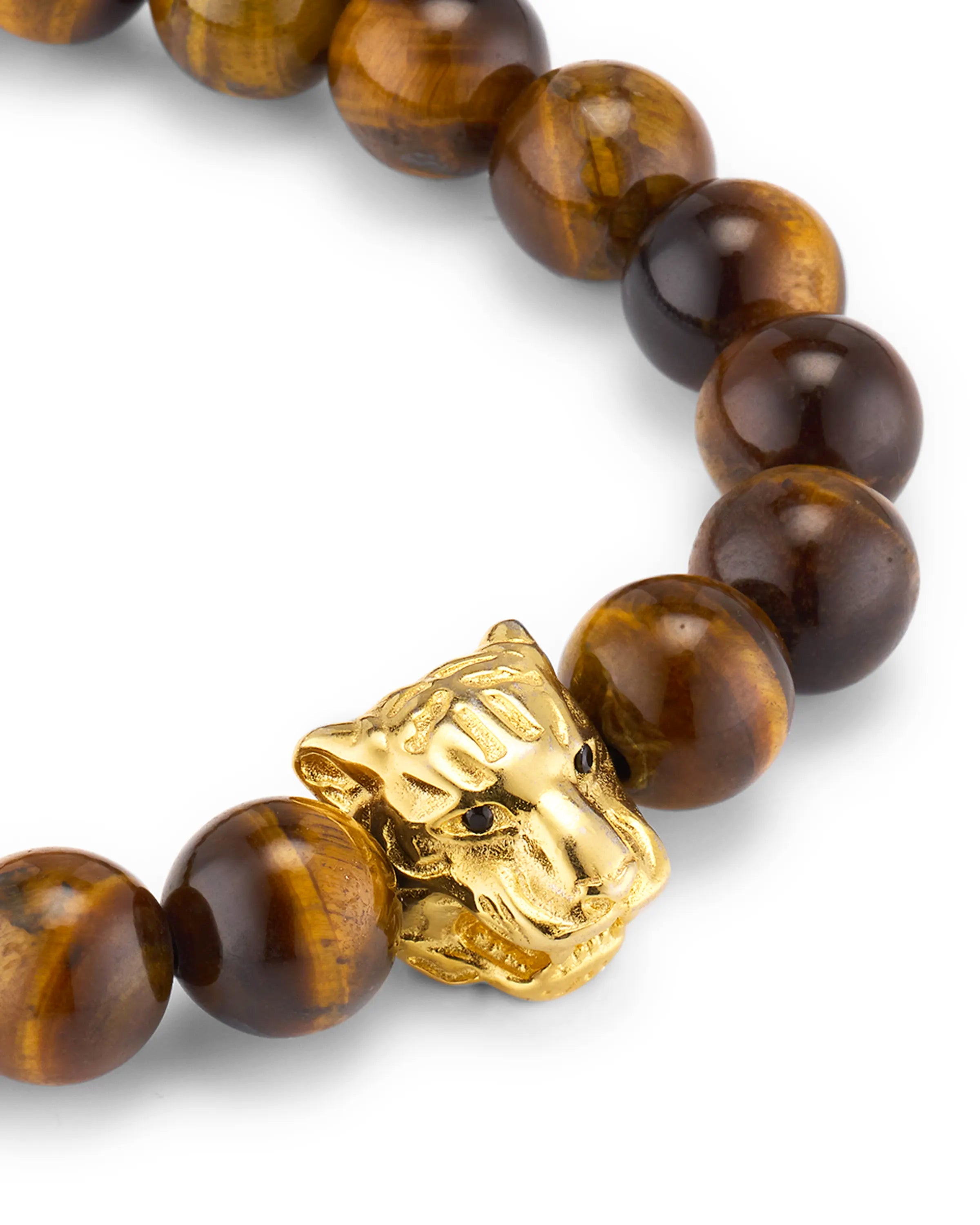 Tiger eye round bead stretch bracelet with gold vermeil panther head centerpiece alternate view showing full bead strand and gold rondelle spacer by Jan Leslie.