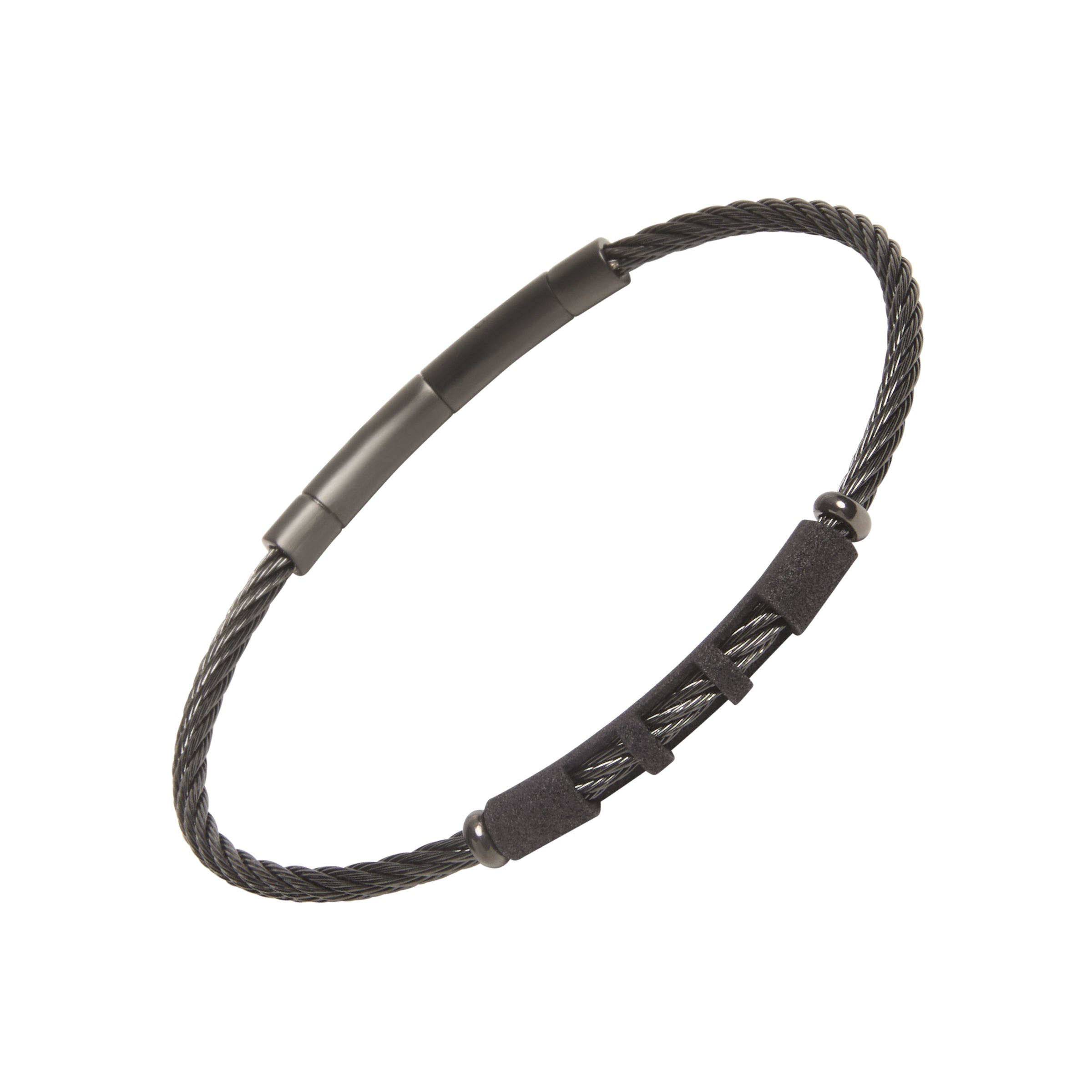 Black stainless steel twisted cable wire bracelet with gunmetal ID bar and triple wire segment accents.