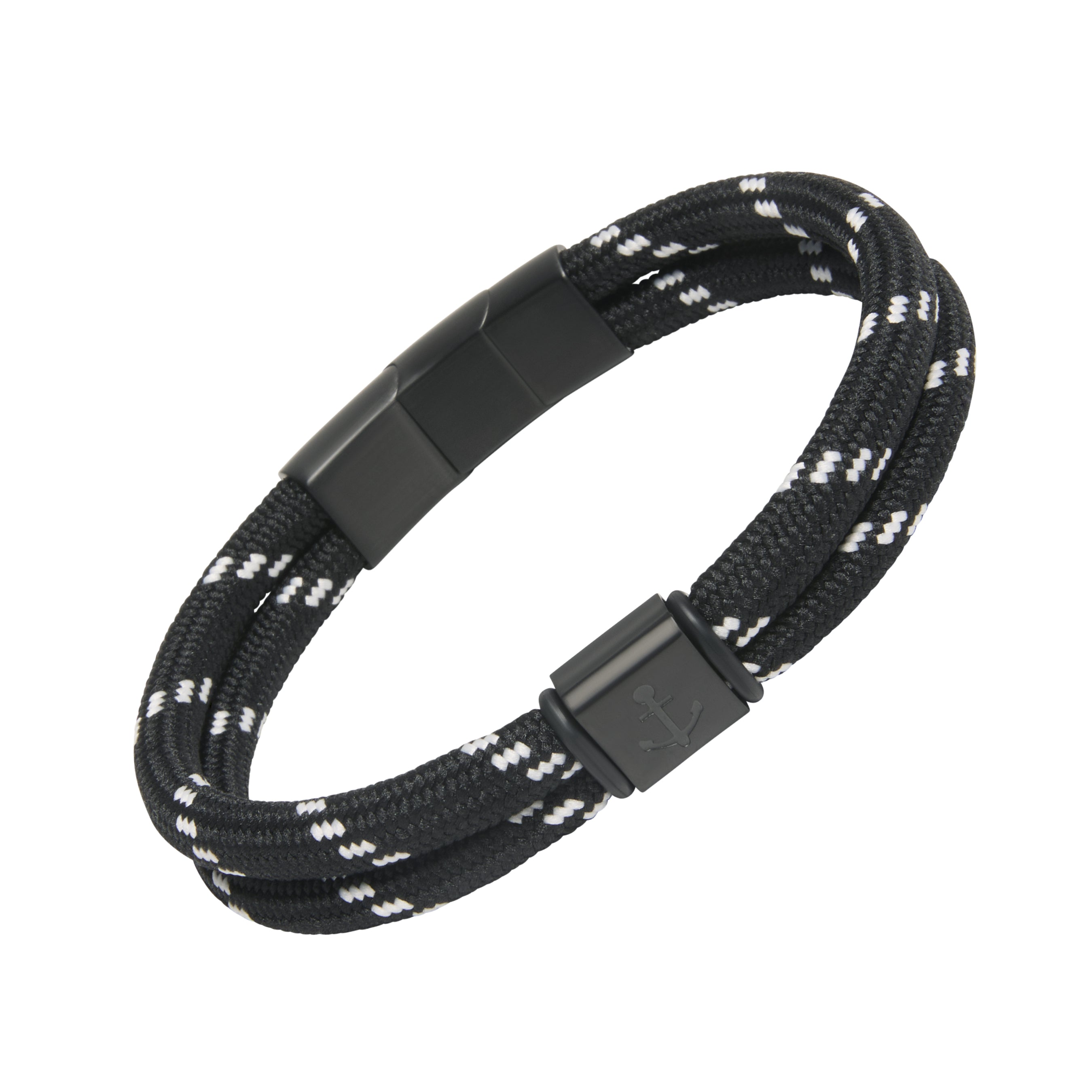 Double-strand black and white paracord rope bracelet with a matte black magnetic clasp and gunmetal ring connectors.