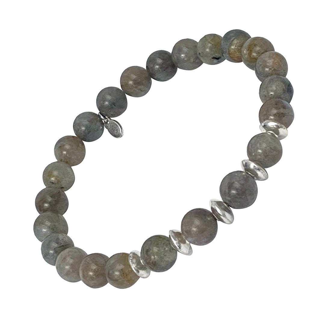 Gemstone Beads and Sterling Silver Cylinder Spacer Elastic Bracelet in blue labradorite I Jan Leslie Cufflinks and Accessories.
