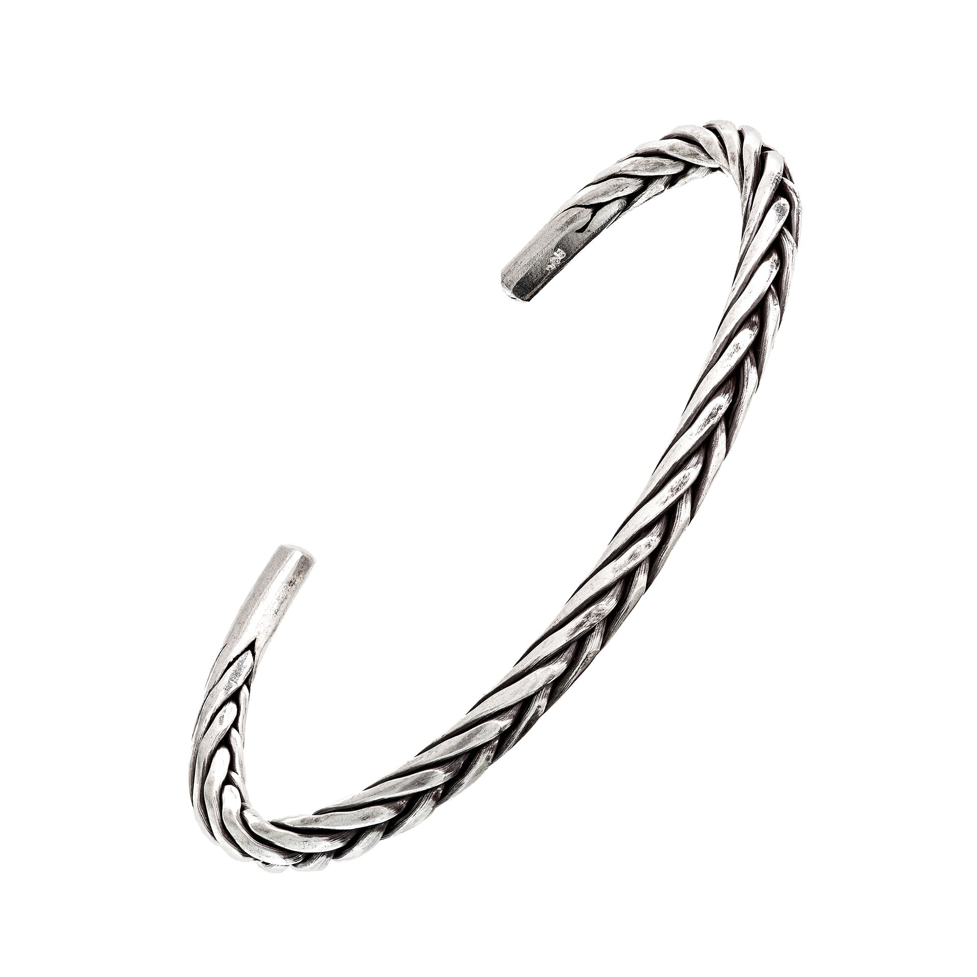 Oxidized sterling silver twisted rope open cuff bracelet with flat ends showing full silhouette by Jan Leslie.