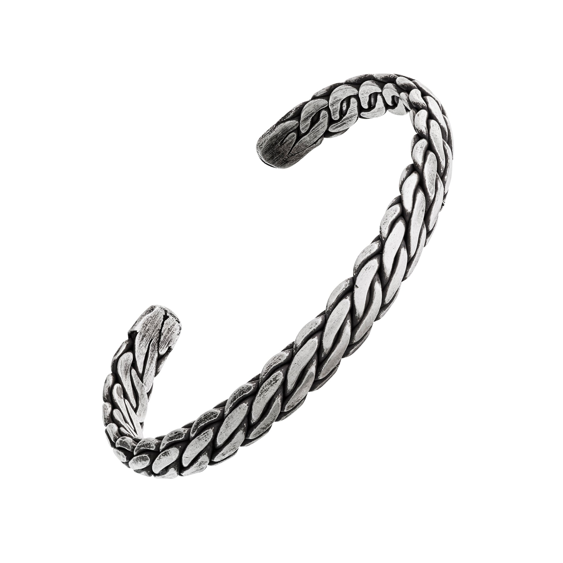 Oxidized sterling silver braided rope pattern open cuff bracelet with dark antiqued finish and tapered ends.