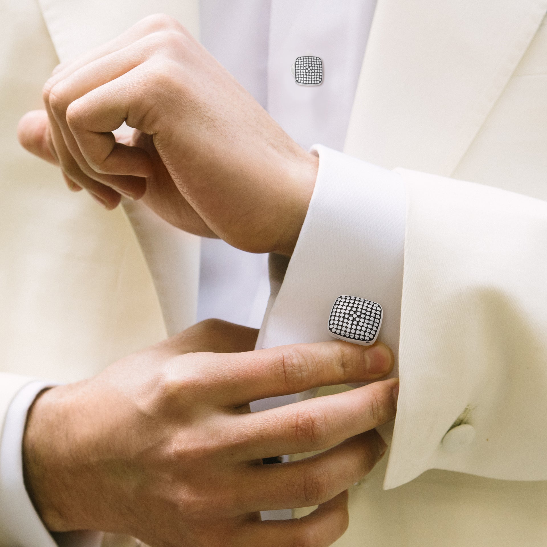 Sterling silver oxidised polka dot cushion-square tuxedo cufflink and shirt stud set