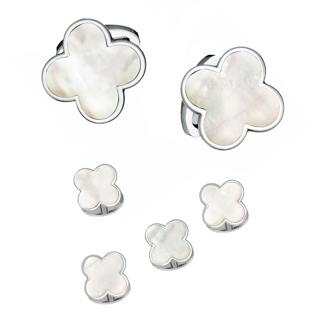 Mother of Pearl Four Leaf Clover Sterling Silver Cufflinks and Tuxedo Studs I Jan Leslie Cufflinks and Accessories.