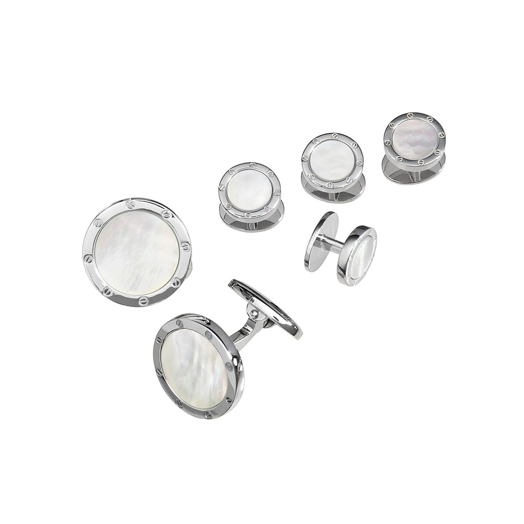 Mother of Pearl Gemstone with Rivet Etch Detail Sterling Silver Cufflinks & Tuxedo Studs I Jan Leslie Cufflinks and Accessories.