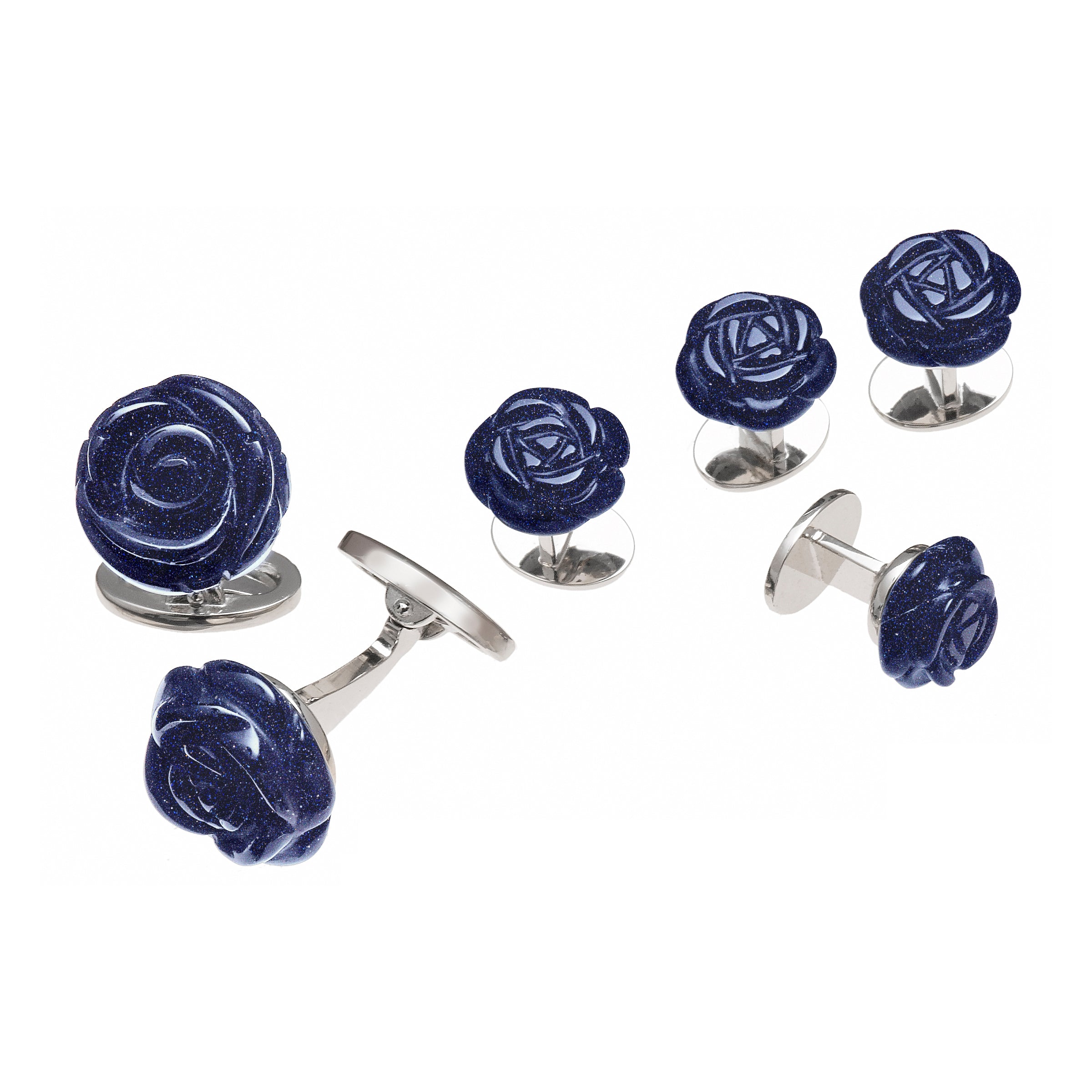 Hand Carved Gemstone Rose Sterling Silver Cufflinks and Tuxedo Studs in blue goldstone I Jan Leslie Cufflinks and Accessories.