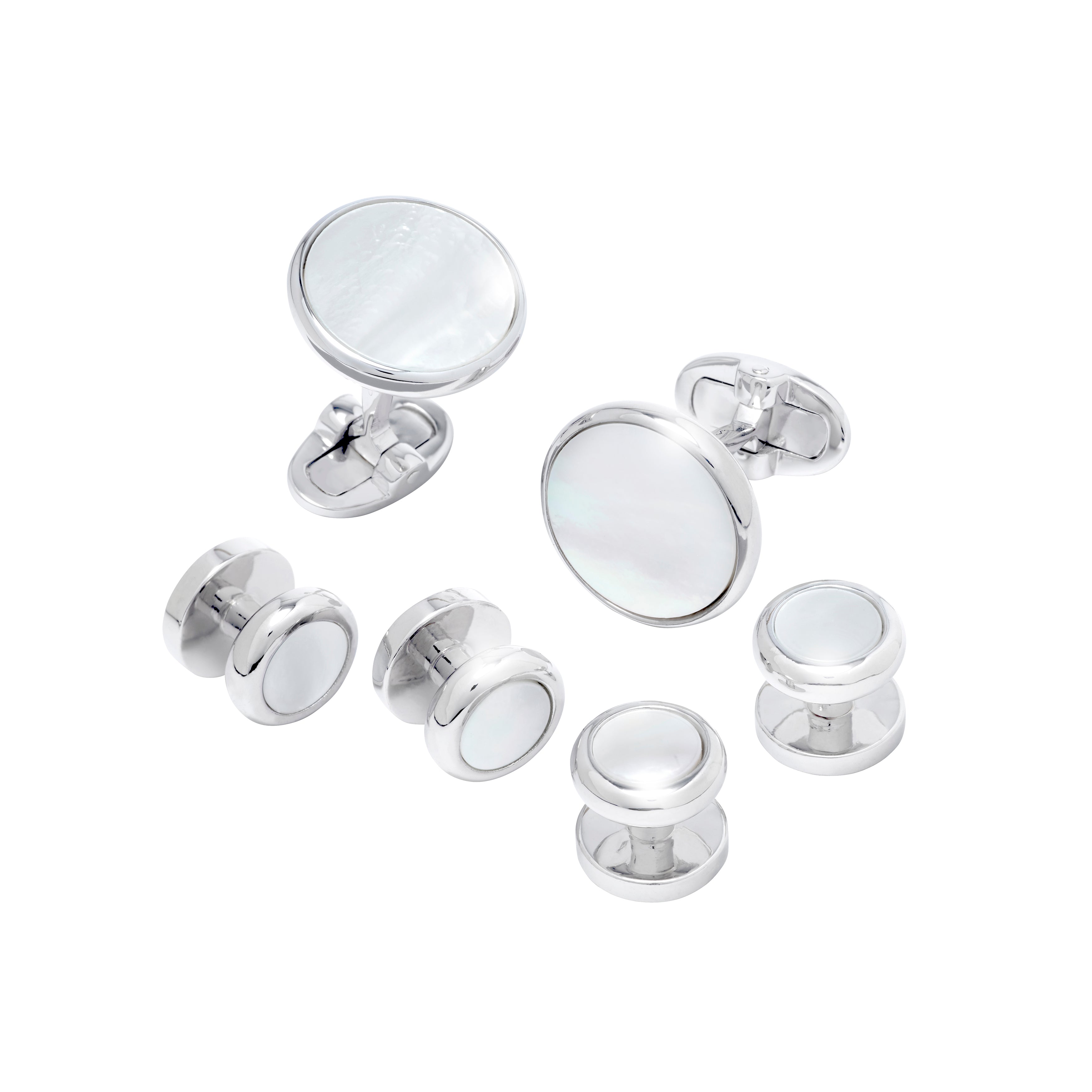 Round Mother-of-Pearl & Polished Sterling Silver 6-Piece Tuxedo Formal Set — Cufflinks & Studs - Jan Leslie Cufflinks and Accessories