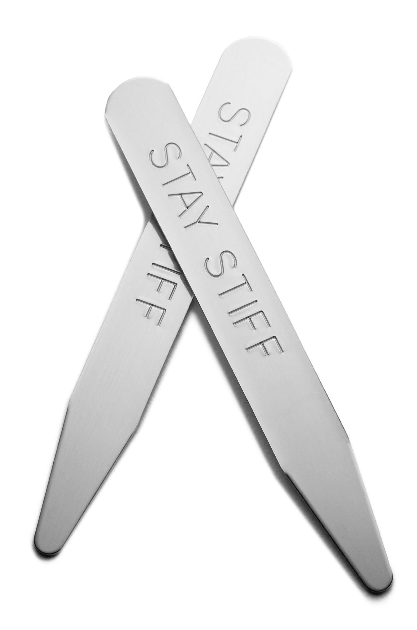 Pair of polished sterling silver collar stays with engraved STAY STIFF text crossed