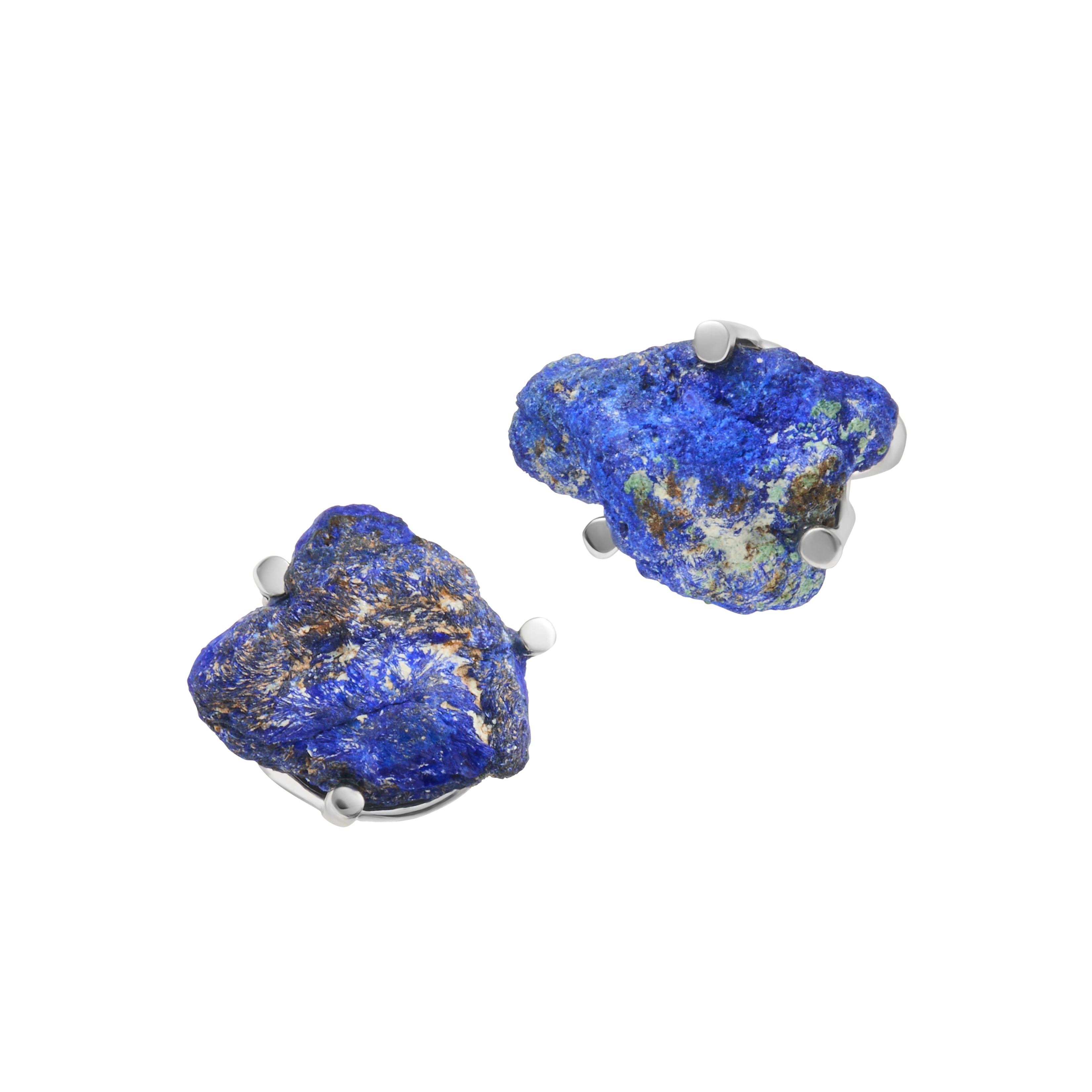 Raw azurite gemstone cufflinks set in sterling silver prong mounts nature inspired.