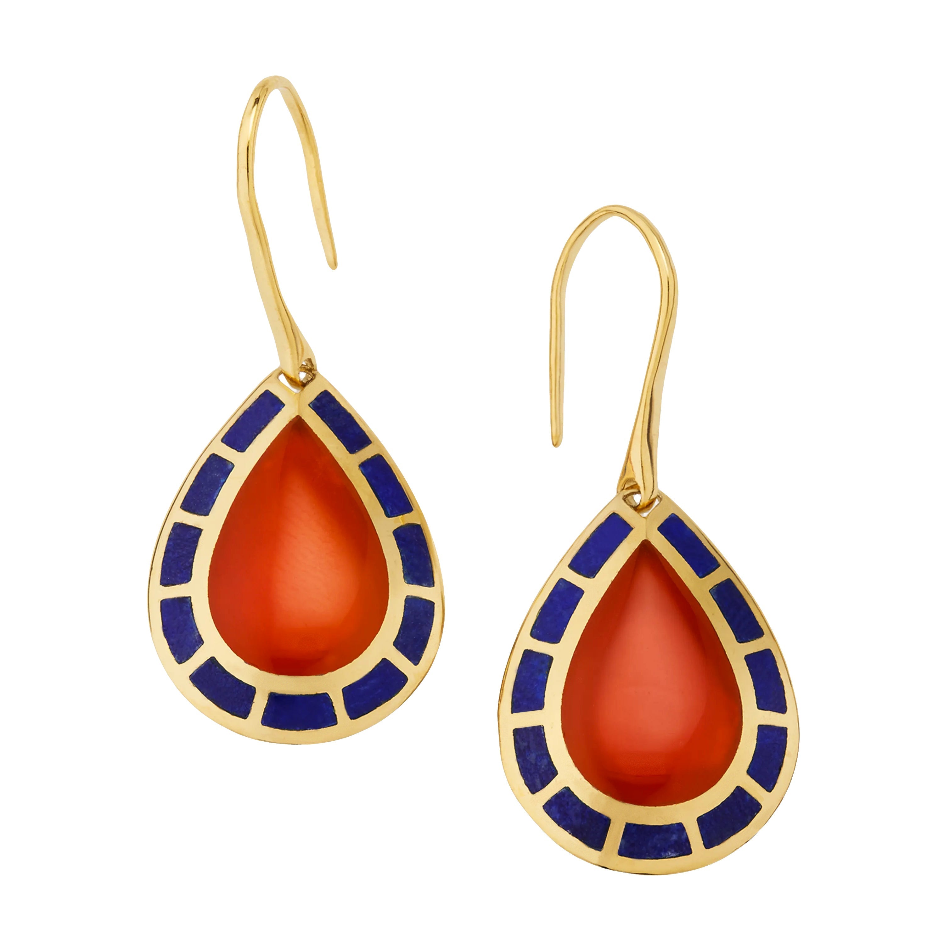 Pear Carnelian Cabochon Center Lapis Lazuli Mosaic Segmented Halo Inlay 18K Gold French Hook Drop Earrings — Jan Leslie