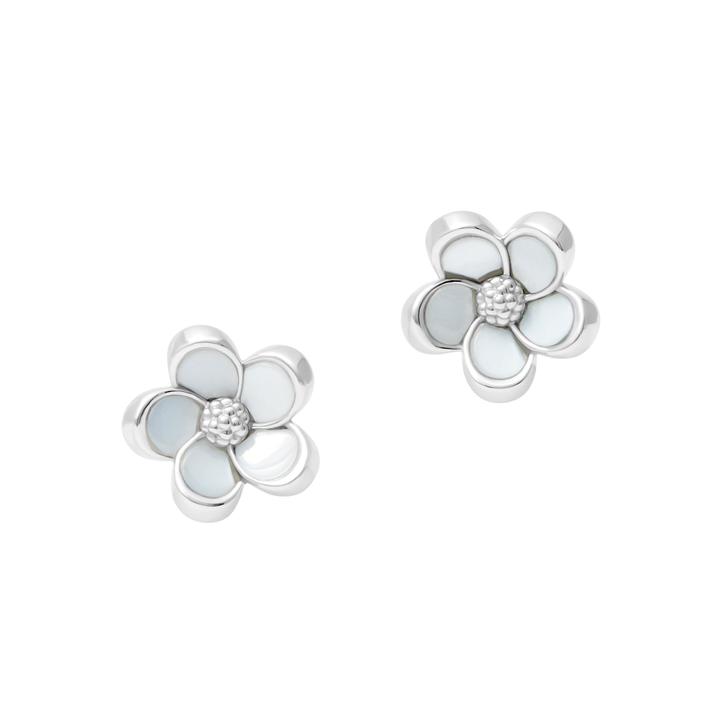 Sterling silver five-petal flower stud earrings with lustrous white mother-of-pearl inlay petals and a textured rope-knot center accent.
