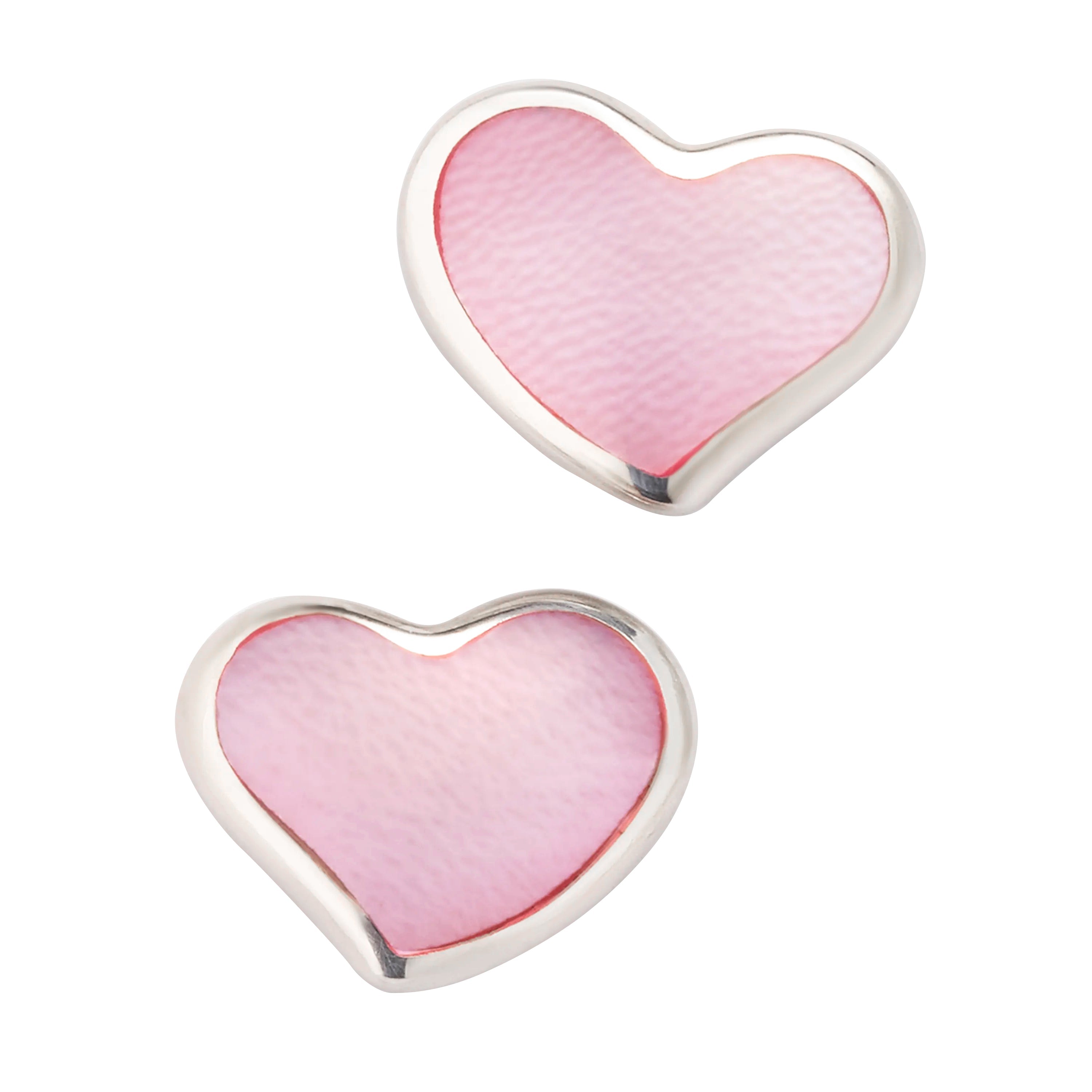 Pink mother-of-pearl heart inlay stud earrings in sterling silver bezel setting — Jan Leslie