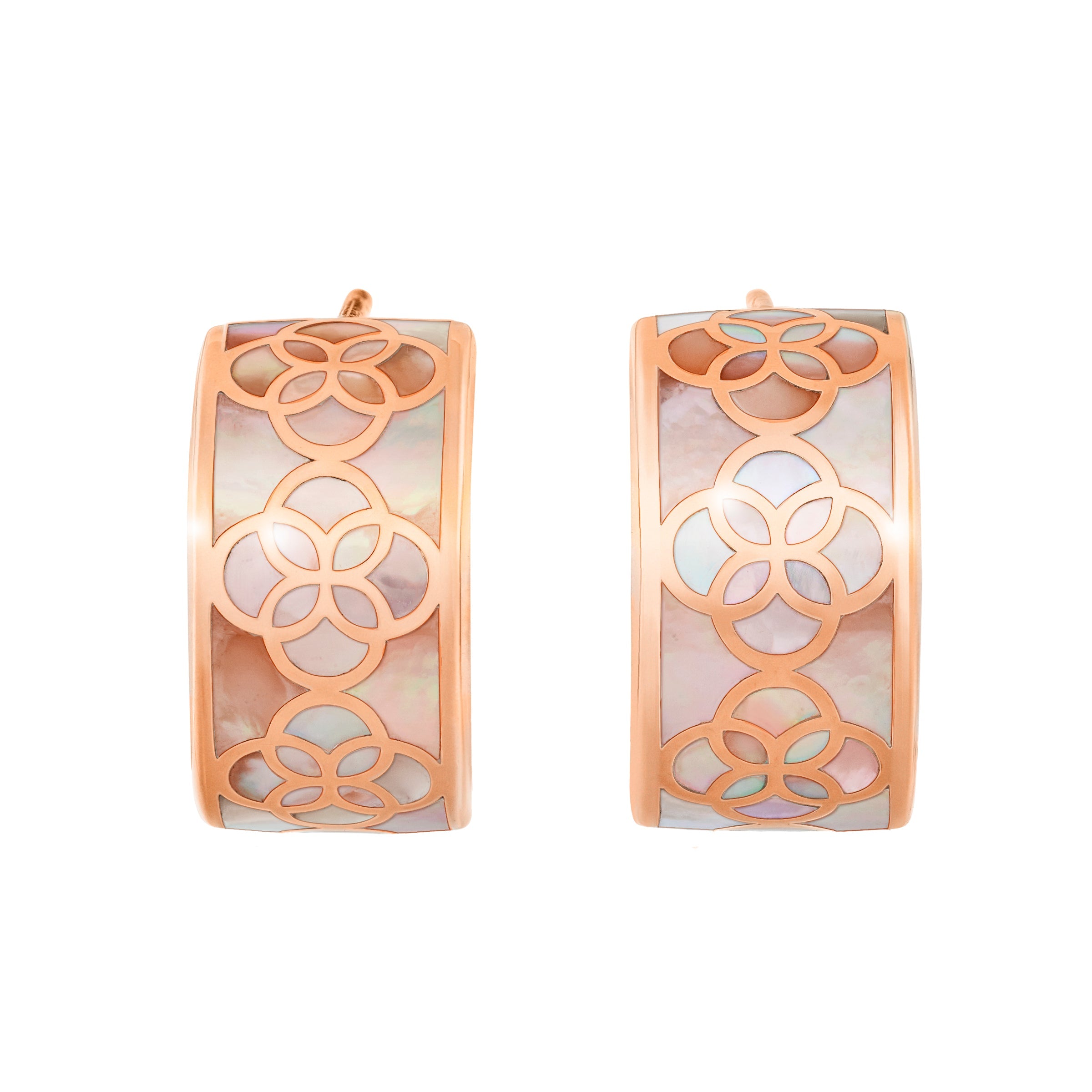 18K rose gold vermeil pink mauve mother-of-pearl petal Seed of Life cutwork wide huggie hoop earrings lifestyle view showing rose gold Seed of Life cutwork lattice over luminous pink mauve iridescent MOP ground by Jan Leslie