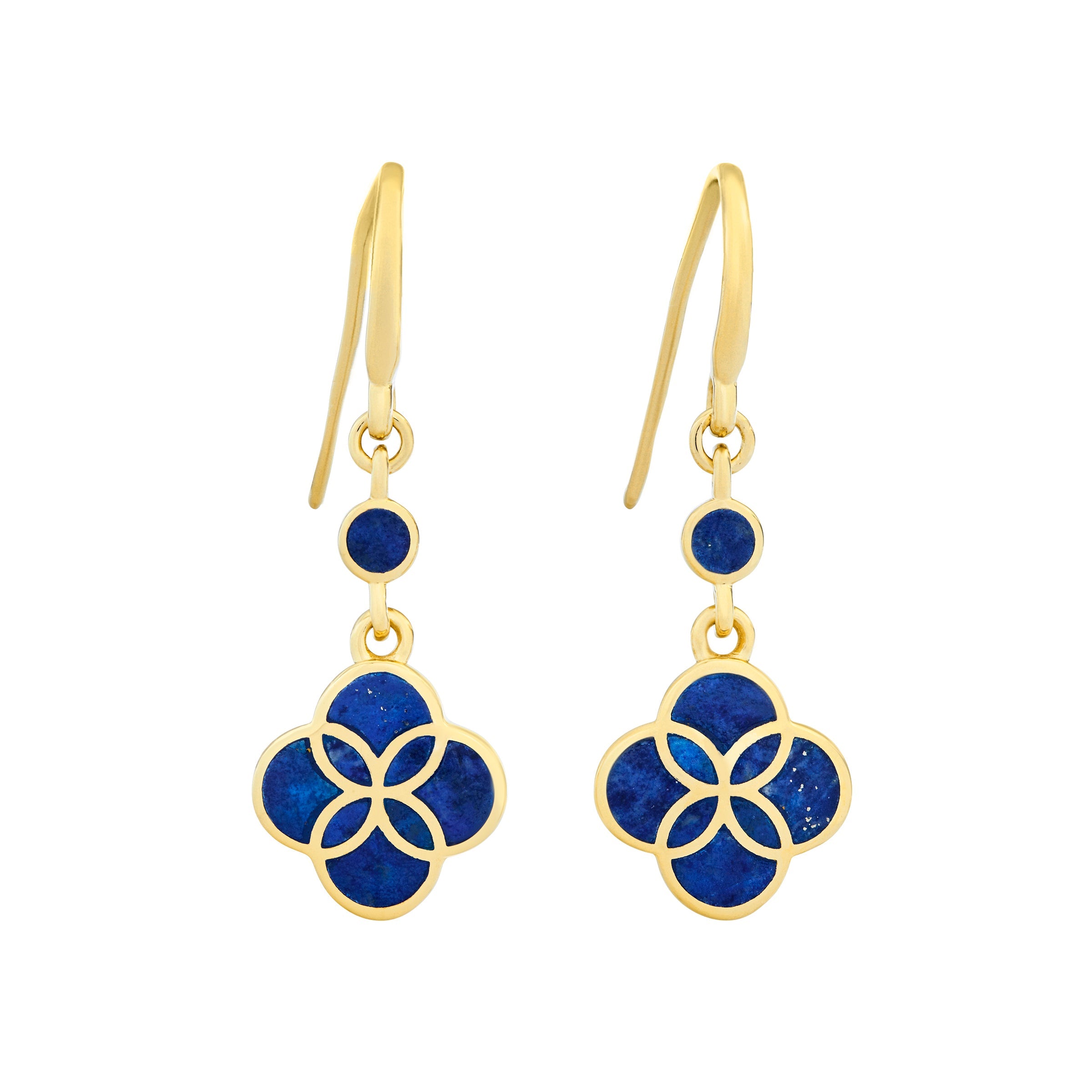 18K gold vermeil malachite petal Seed of Life drop earrings leverback variant pair angled view showing polished gold leverback wire small round malachite accent stone and quatrefoil clover pendant with Seed of Life gold lattice over deep forest green malachite by Jan Leslie