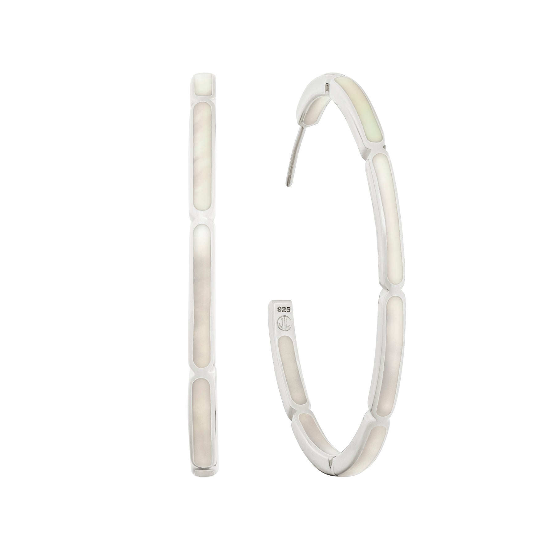 Sterling silver large hoop earrings with mother-of-pearl rectangular station inlay by Jan Leslie.