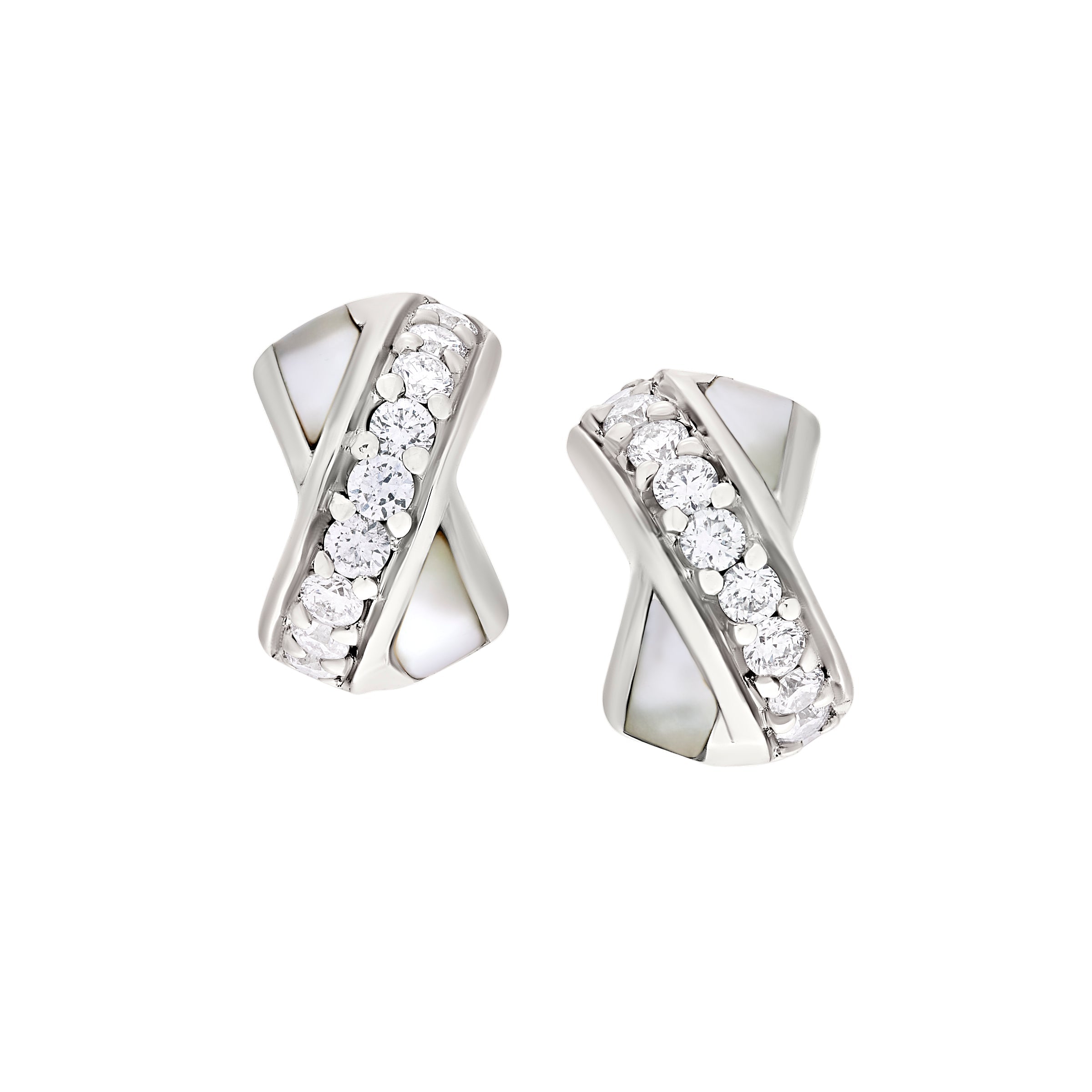 Sterling silver X-crossover stud earrings with pavé diamond channel setting and white mother-of-pearl inlay panels.