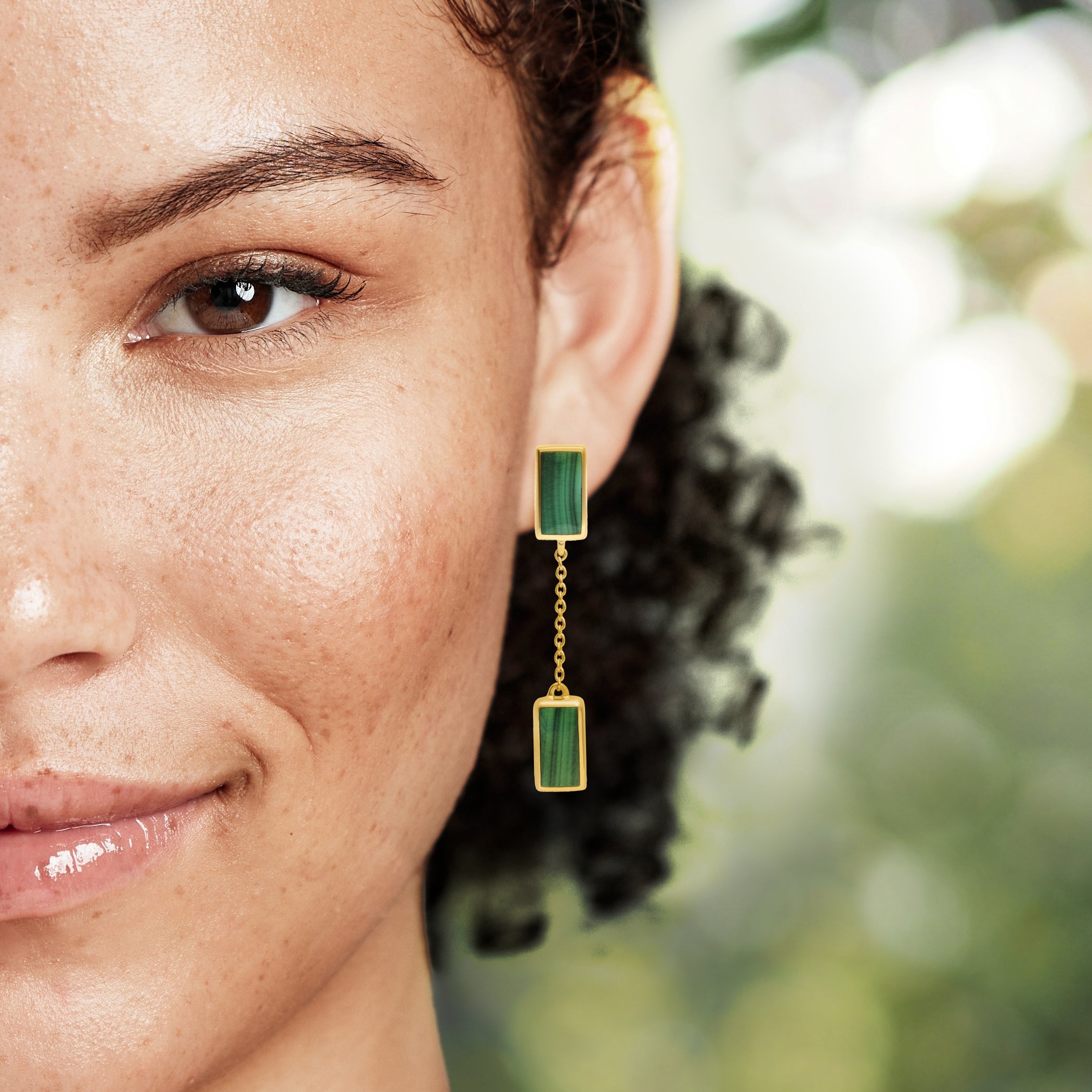 Gold vermeil double malachite rectangle chain drop earring with banded green stone stud and pendant.