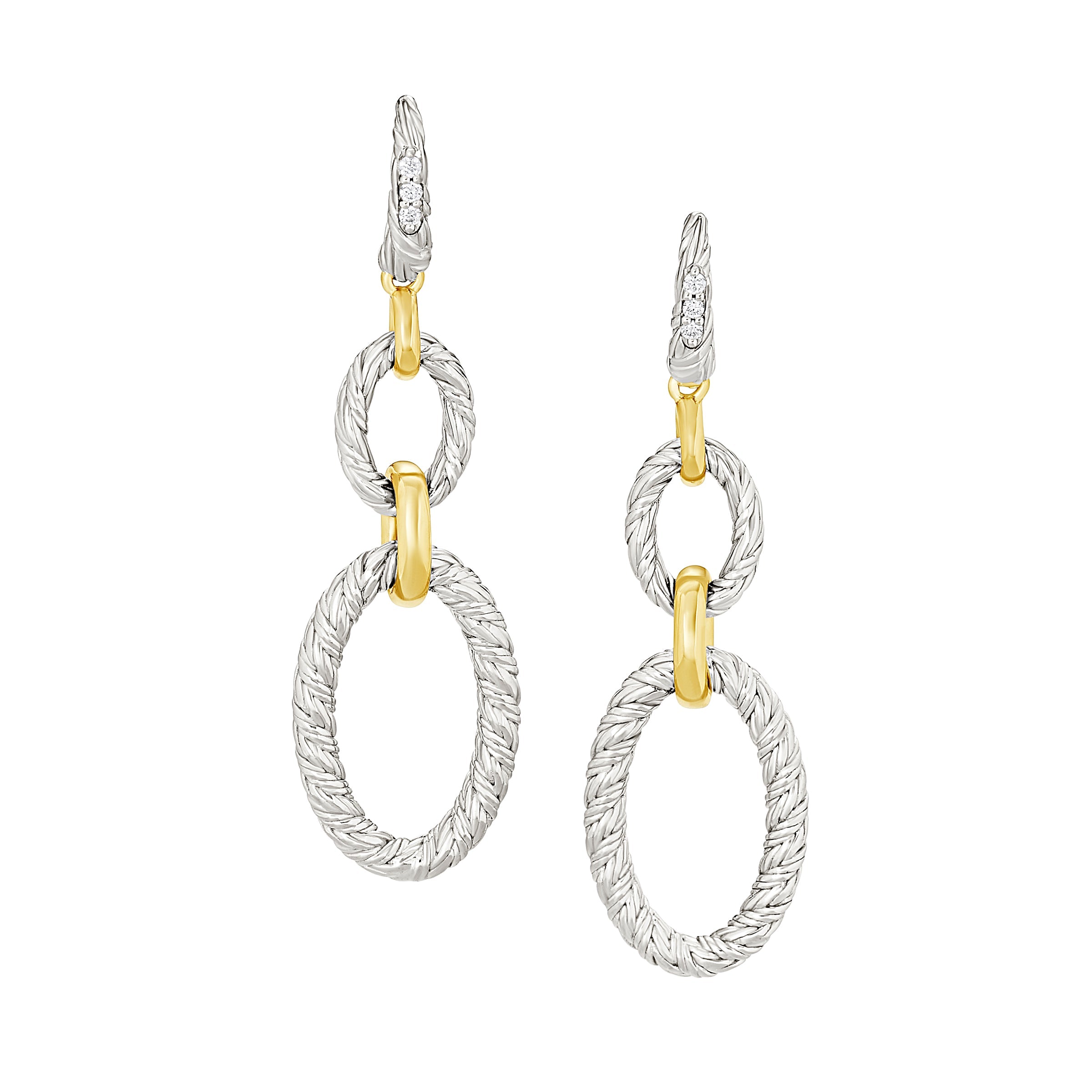 Elegant two-tone drop earrings featuring textured sterling silver rope-link ovals with polished gold connectors and diamond-accented hooks.