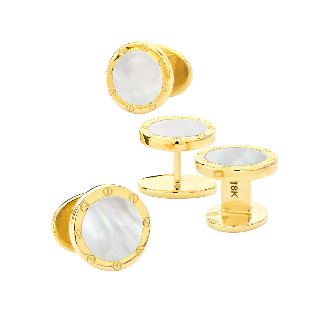Mother of Pearl Gemstone with Rivet Etch Detail 18K Yellow Gold Tuxedo Studs I Jan Leslie Cufflinks and Accessories.