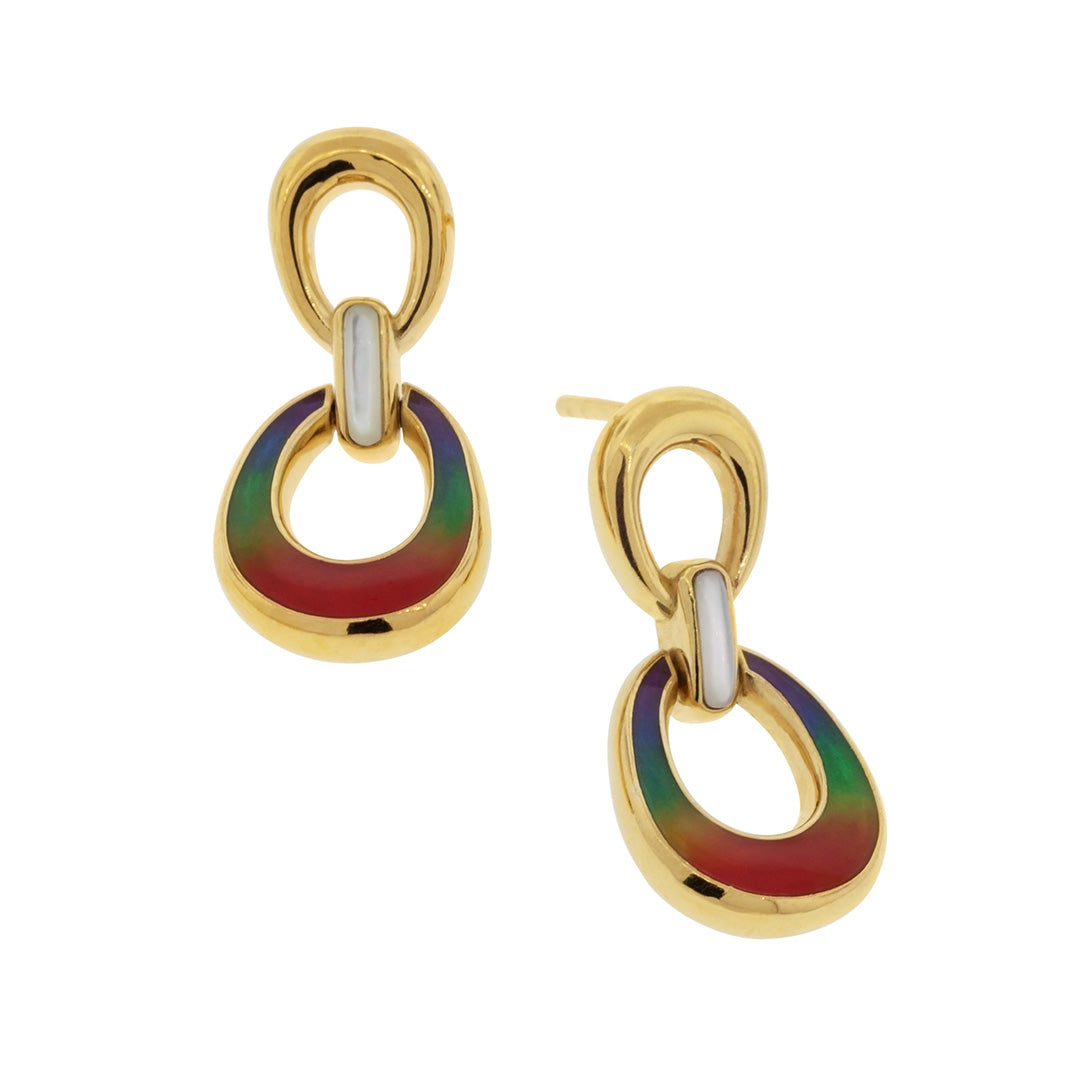 Front and side view of the 18K Gold Vermeil with Mother of Pearl and Hand Painted Enamel Sterling Silver 2-Tiered Drop Earrings with Rainbow Enamel I Jan Leslie