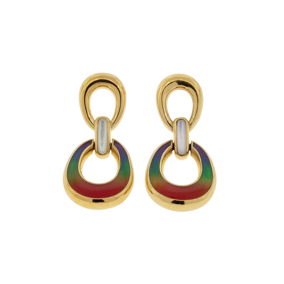 18K Gold Vermeil with Mother of Pearl and Hand Painted Enamel Sterling Silver 2-Tiered Drop Earrings with Rainbow Enamel I Jan Leslie