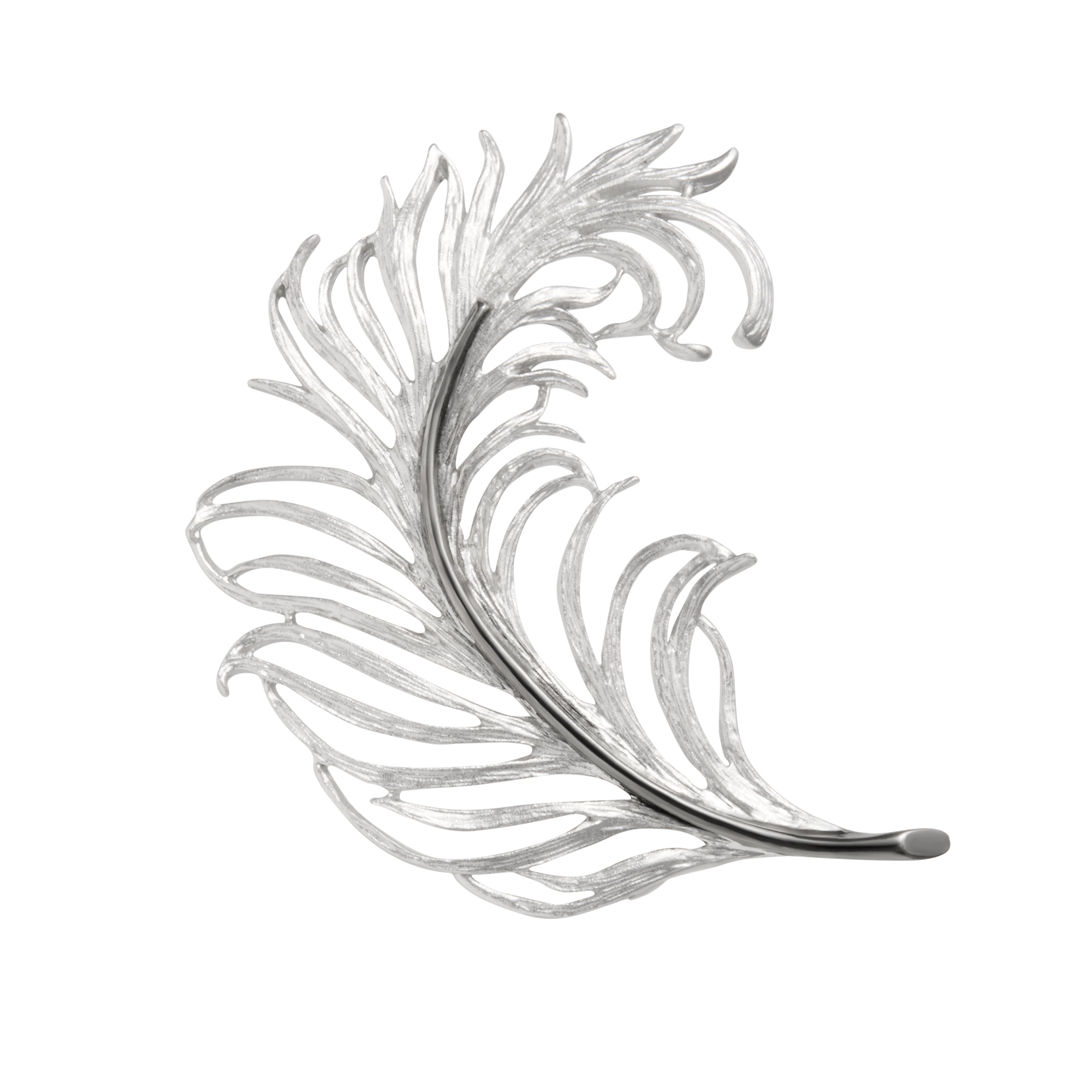 Sterling silver open-work feather brooch with delicate hand-textured quill detailing — an elegant, nature-inspired lapel pin for sophisticated styling.