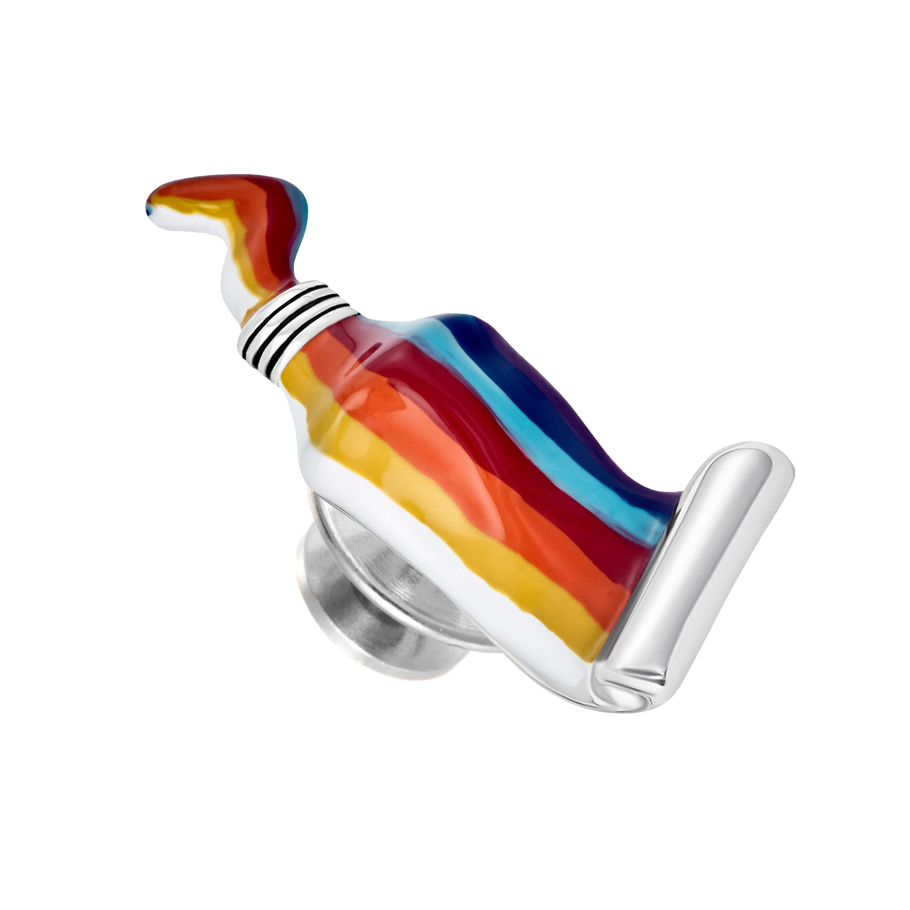 Sterling silver multicolor swirl resin paint tube lapel pin front view showing full silhouette rainbow swirl resin and sterling silver collar and tip by Jan Leslie.